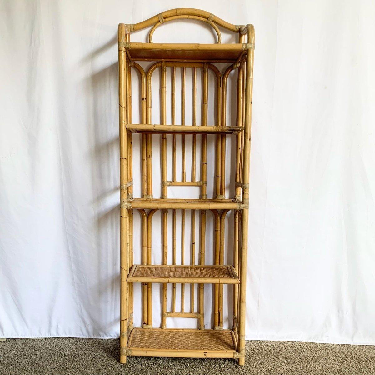 Boho Chic Bamboo Rattan Etagere brings organic elegance and coastal boho charm to interiors with refined bamboo craftsmanship and airy display shelving.
 

 We sell items as acquired, without restoring or repairing. Vintage pieces may have