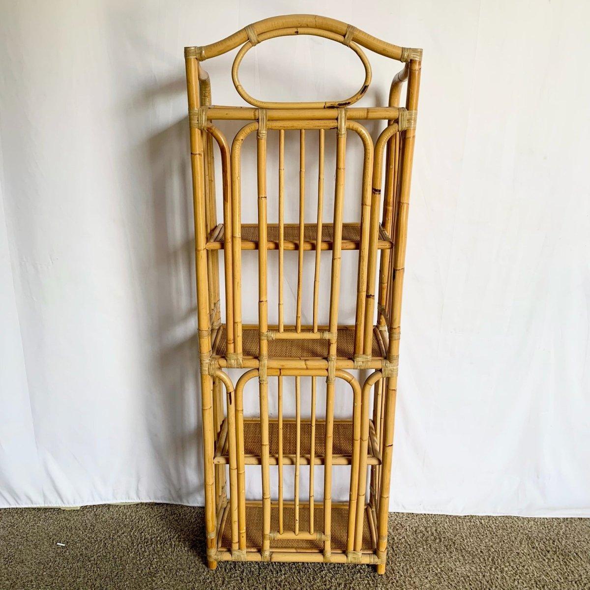 Boho Chic Bamboo Rattan Wicker Etagere In Good Condition For Sale In Delray Beach, FL