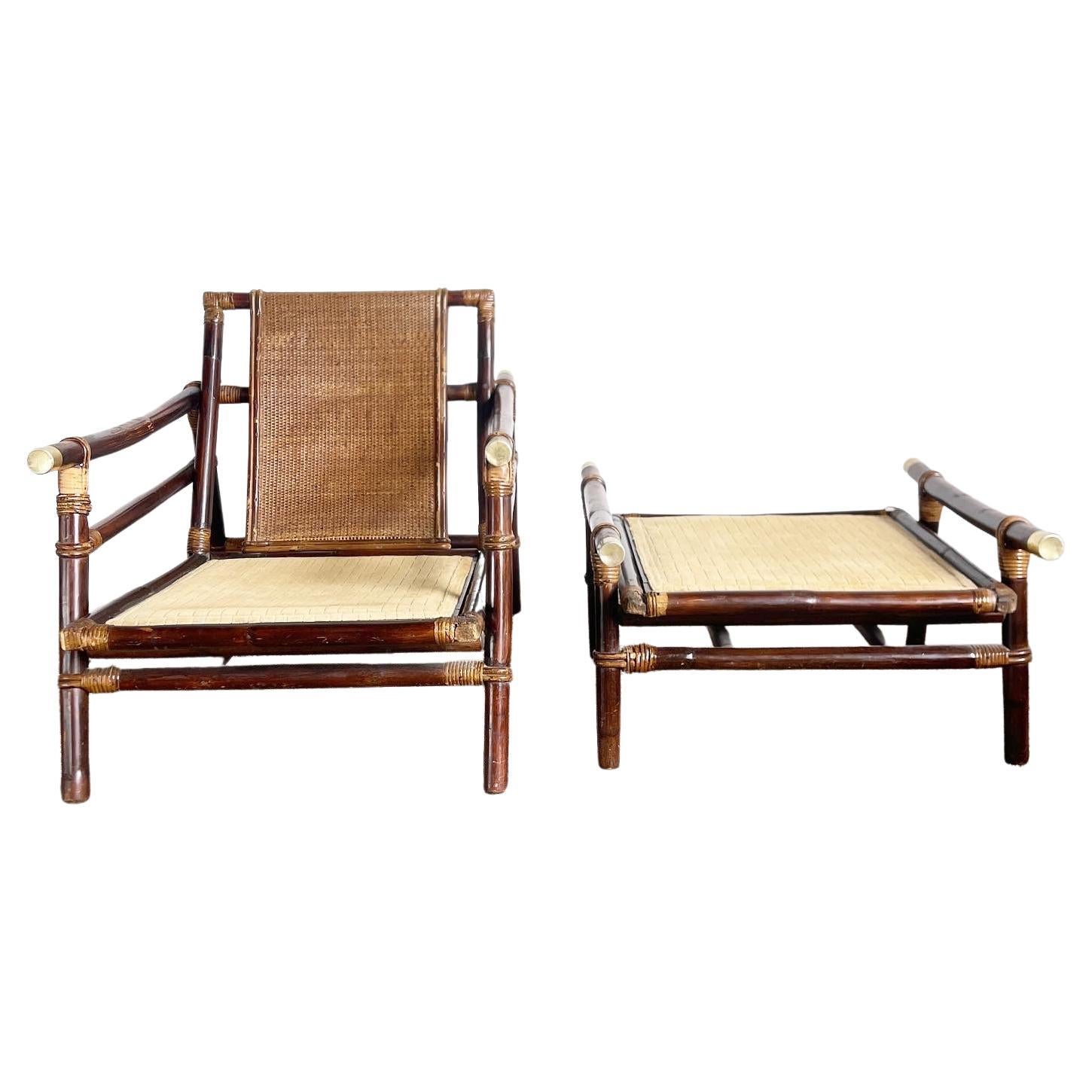 Boho Chic Bamboo Rattan Wicker Lounge Chair and Ottoman by Ficks Reed - 2 Pieces