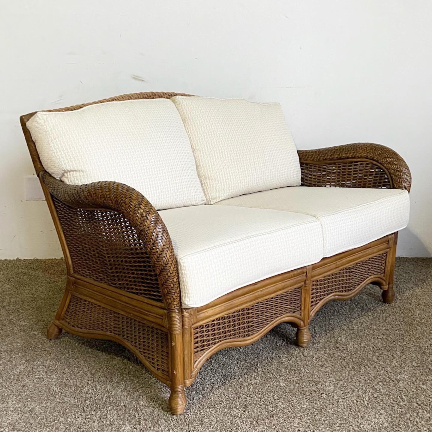 Experience relaxed elegance with the Bamboo Rattan Wicker Love Seat, infused with Boho Chic vibes and complemented by plush cushions.

Bamboo Rattan Wicker Love Seat with Boho Chic charm.
Sturdy bamboo frame with intricate wicker weave.
Flexible