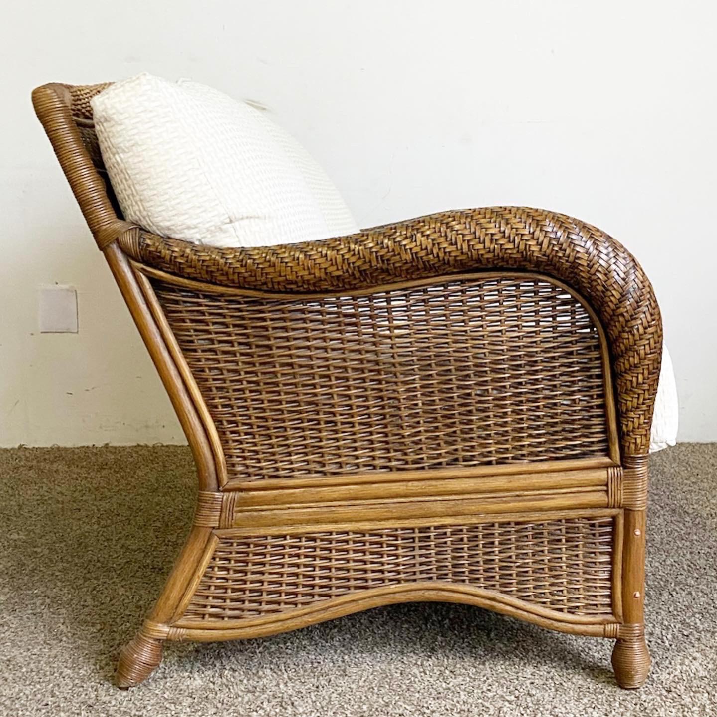 Bohemian Boho Chic Bamboo Rattan Wicker Love Seat With Cushions For Sale