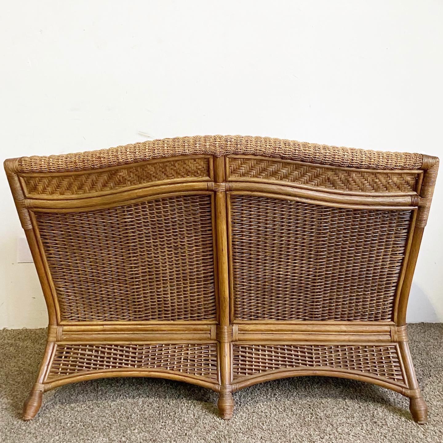 Boho Chic Bamboo Rattan Wicker Love Seat With Cushions In Good Condition For Sale In Delray Beach, FL