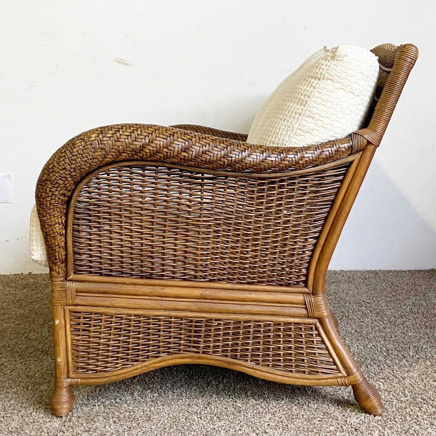 Indonesian Boho Chic Bamboo Rattan Wicker Love Seat With Cushions For Sale