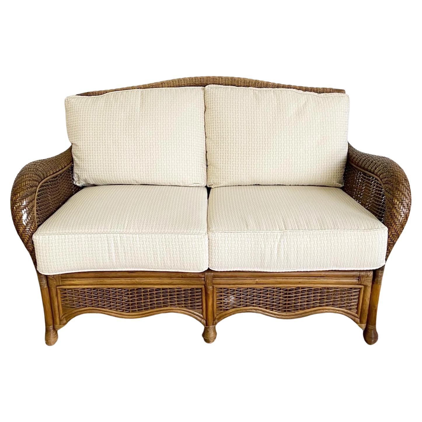 Boho Chic Bamboo Rattan Wicker Love Seat With Cushions For Sale