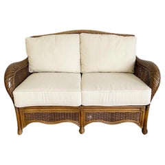 Retro Boho Chic Bamboo Rattan Wicker Love Seat With Cushions