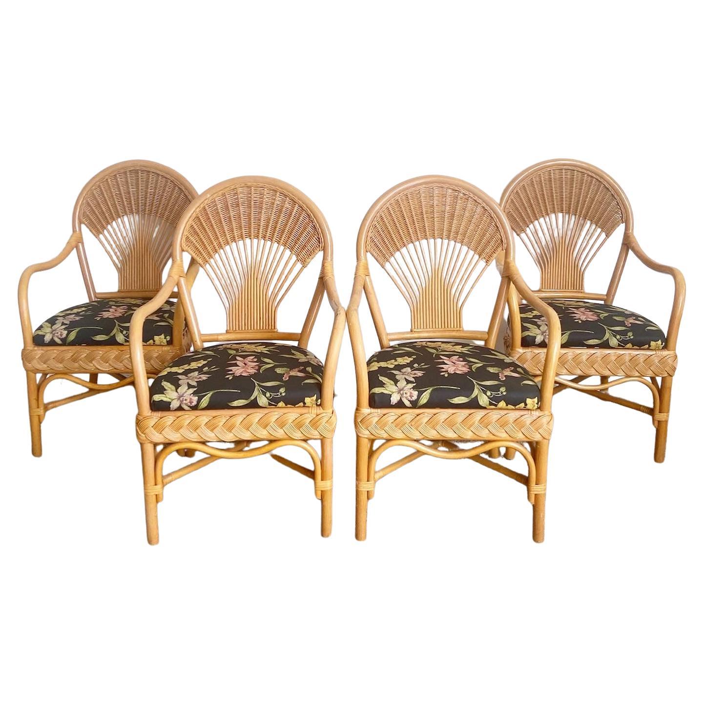 Boho Chic Bamboo Rattan Woven Wicker Dining Chairs Set of 4 For Sale