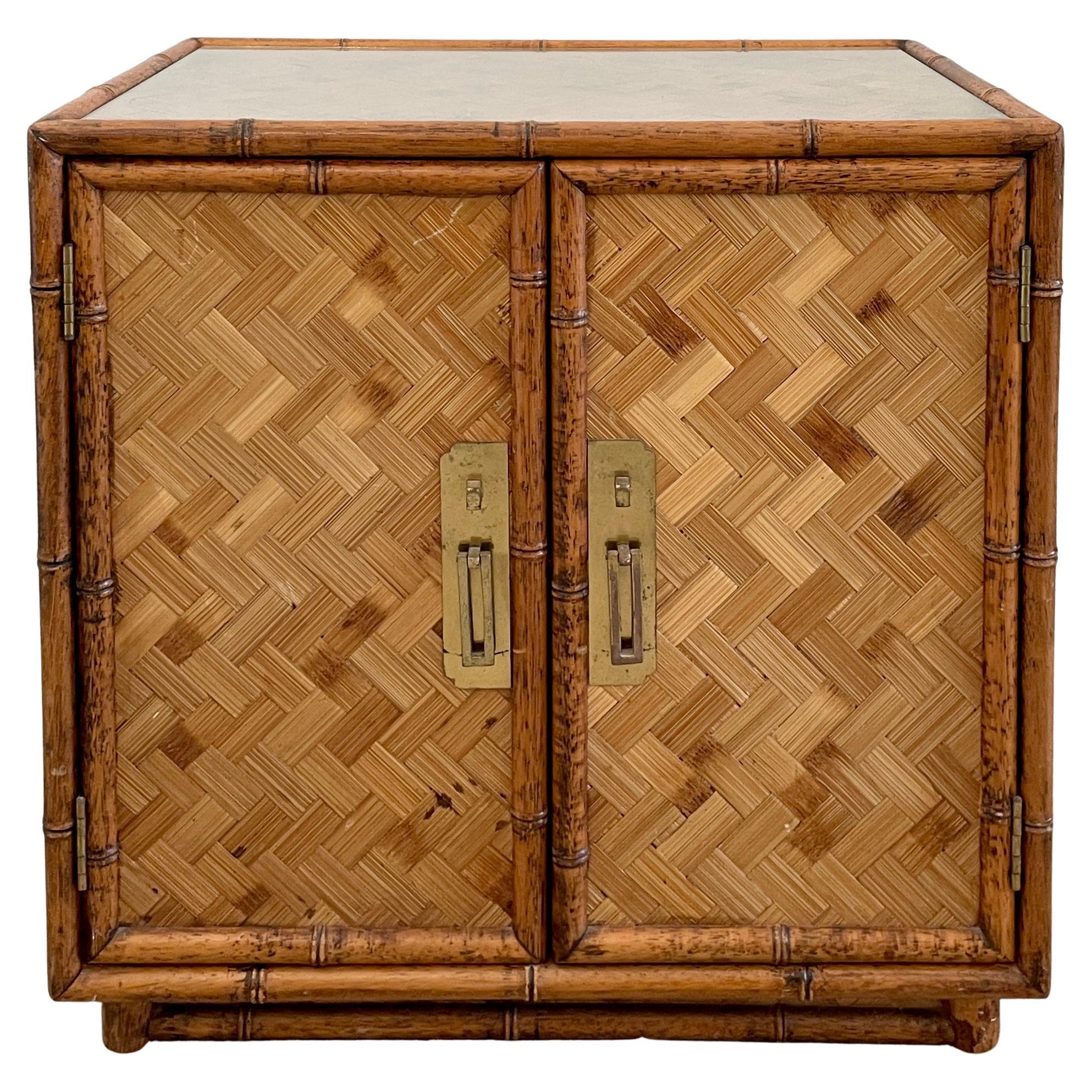 Boho Chic Bamboo Side Table Two-Door Cabinet with Glass Top
