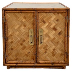 Boho Chic Bamboo Side Table Two-Door Cabinet with Glass Top