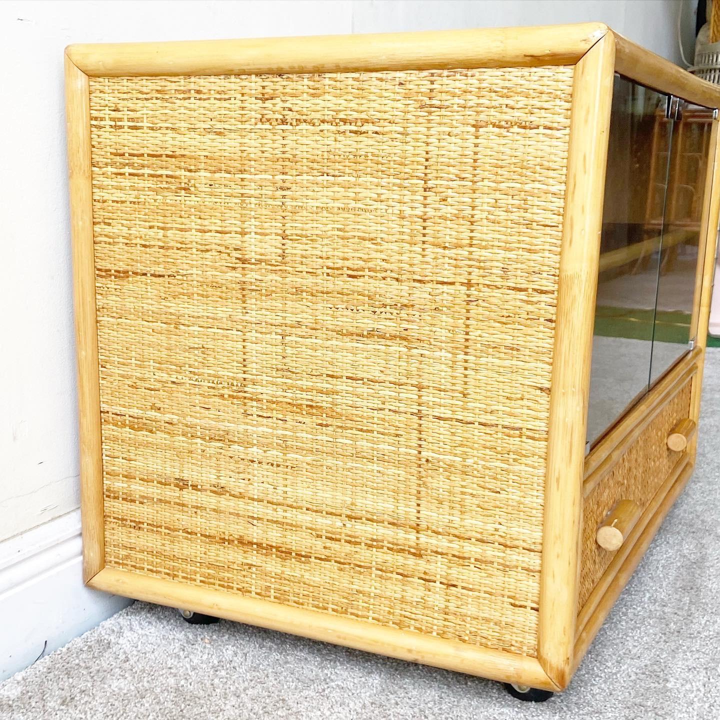Bohemian Boho Chic Bamboo Wicker Cabinet on Rollers For Sale