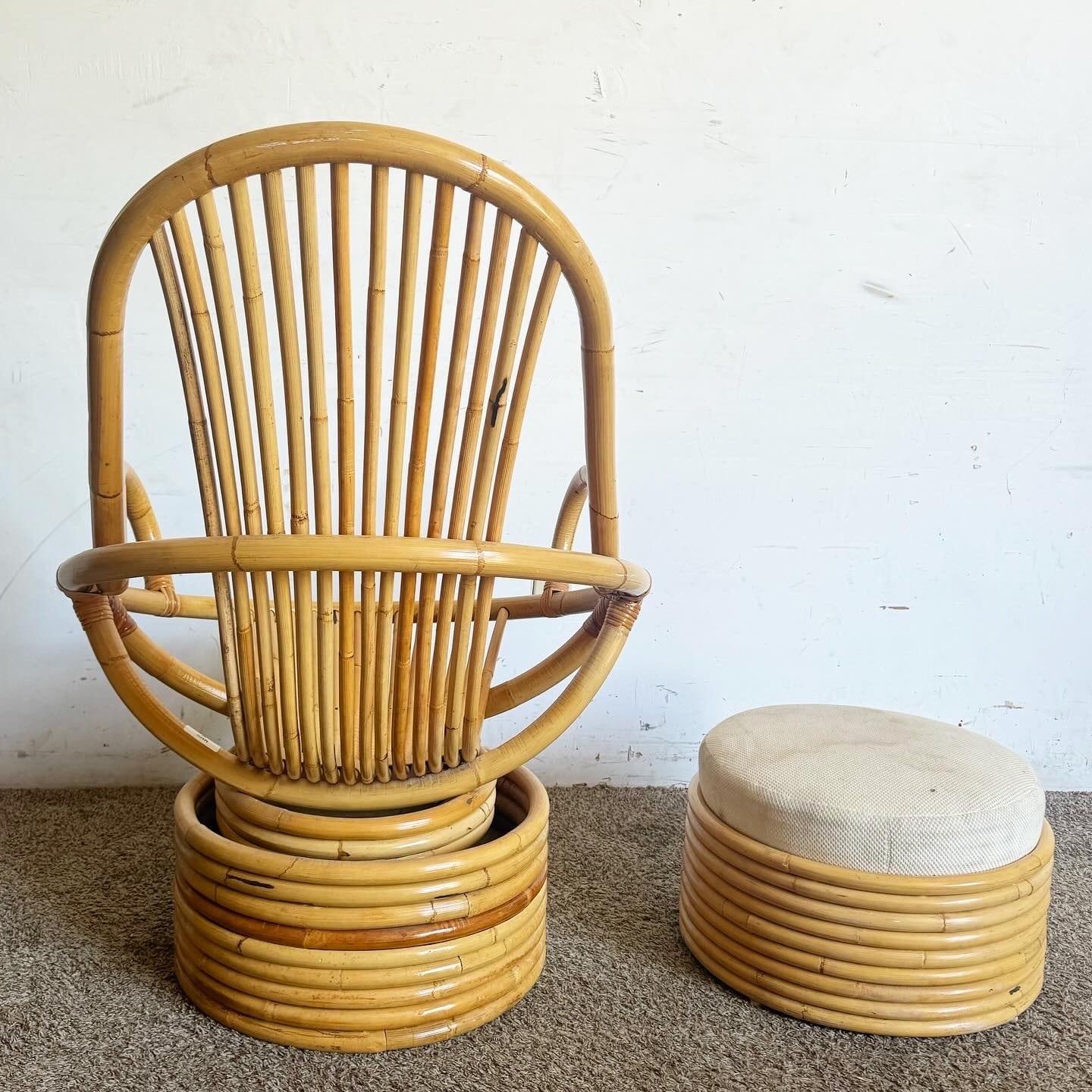 Indonesian Boho Chic Bamboo Wicker Papasan Chair With Circular Foot Rest