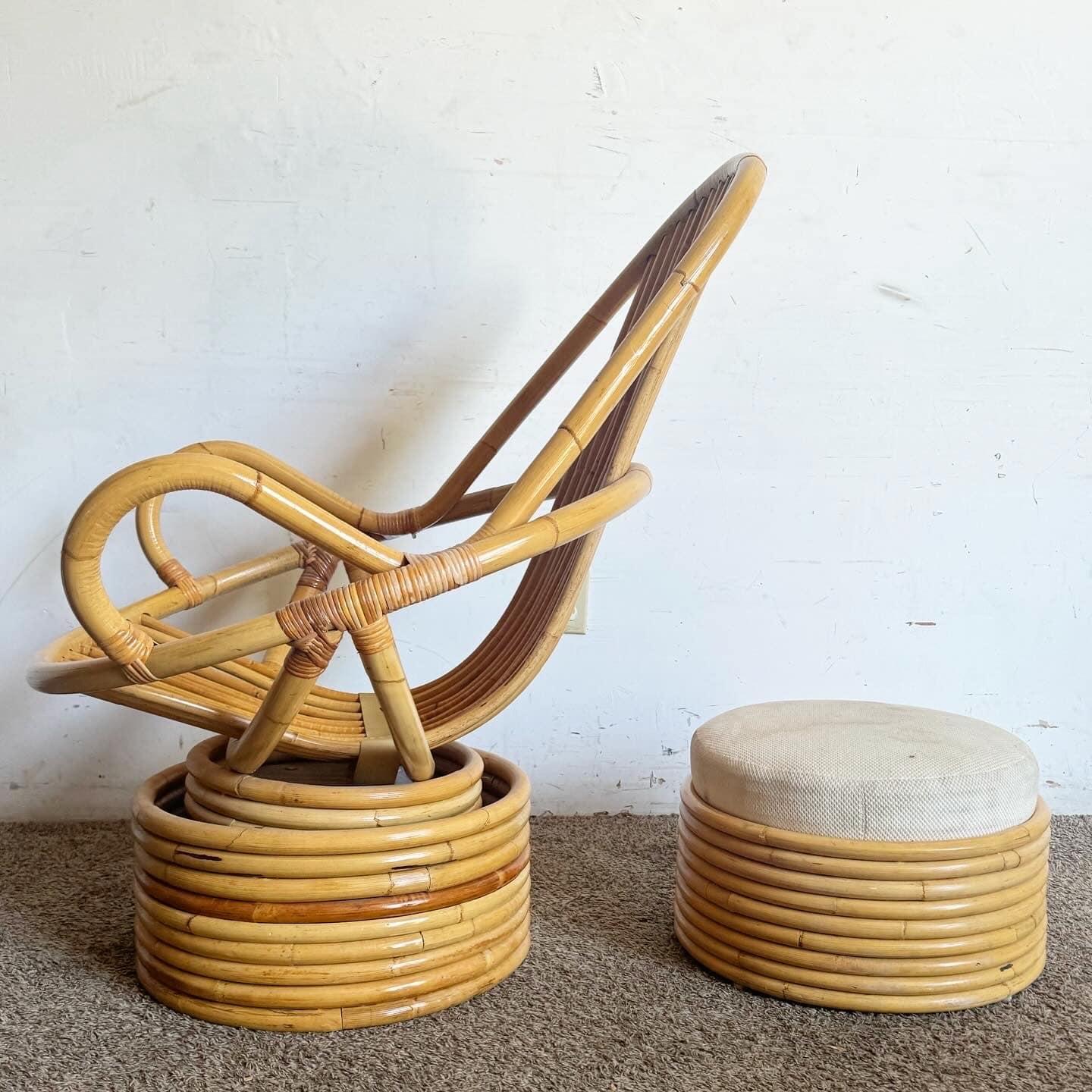 Boho Chic Bamboo Wicker Papasan Chair With Circular Foot Rest In Good Condition In Delray Beach, FL