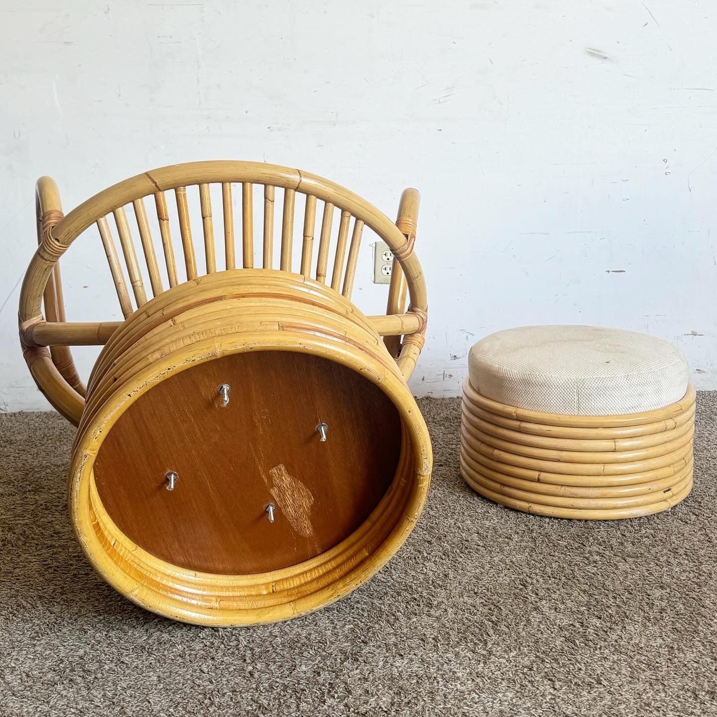 Late 20th Century Boho Chic Bamboo Wicker Papasan Chair With Circular Foot Rest