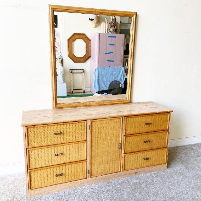 Boho Chic Bamboo, Wicker and Wood Grain Laminate Dresser with Mirror, 2