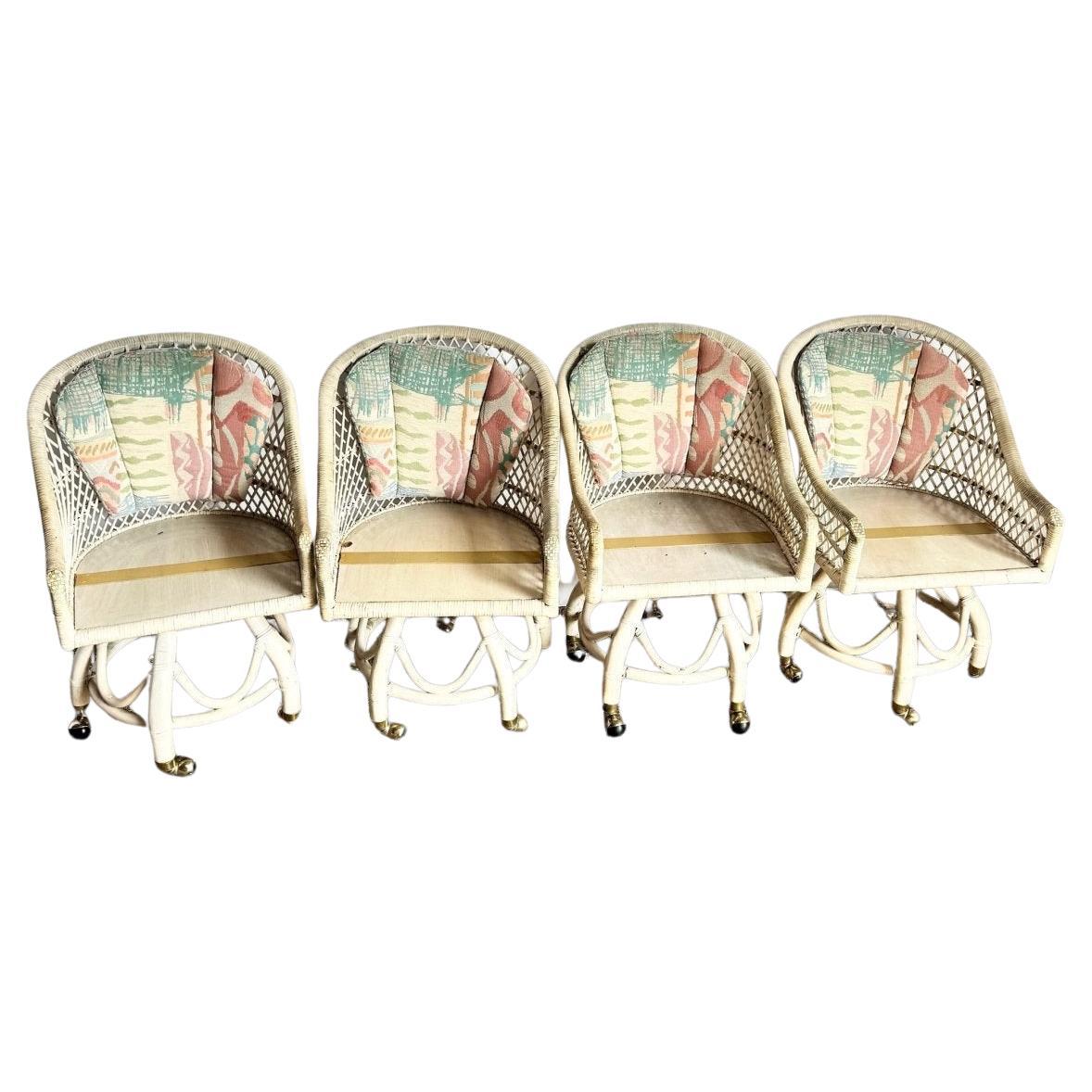 Boho Chic Beige Buri Rattan Swivel Dining Chairs - Set of 4