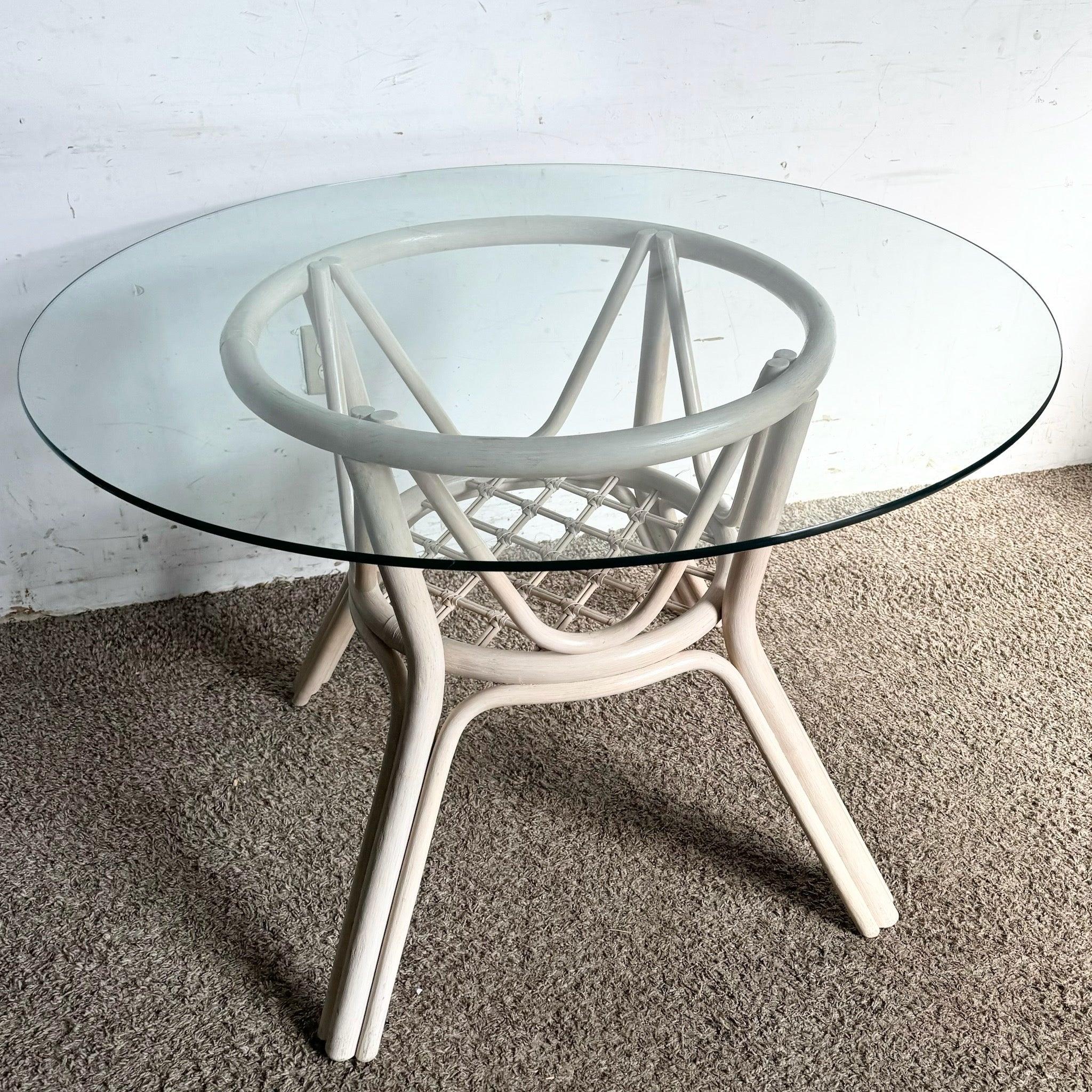 American Boho Chic Beige Rattan Circular Glass Top Dining Table For Sale