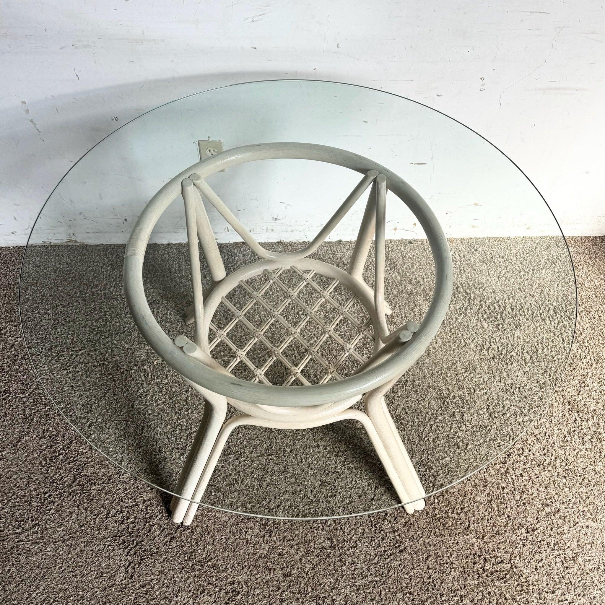 Boho Chic Beige Rattan Circular Glass Top Dining Table In Good Condition For Sale In Delray Beach, FL