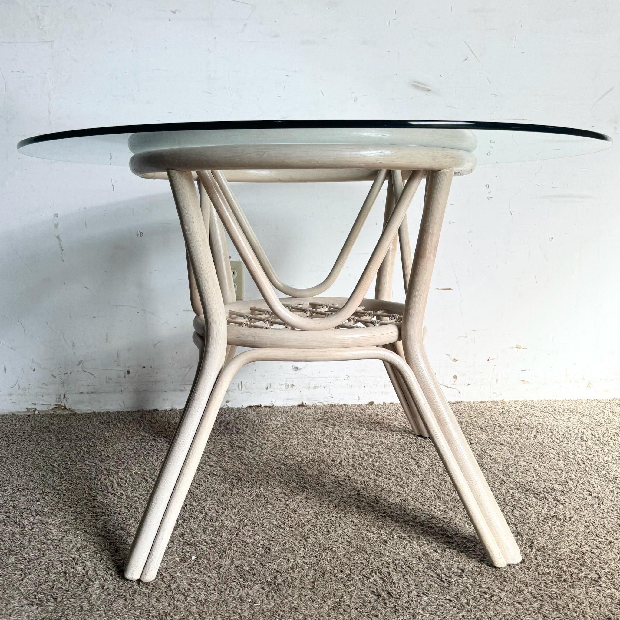 Late 20th Century Boho Chic Beige Rattan Circular Glass Top Dining Table For Sale