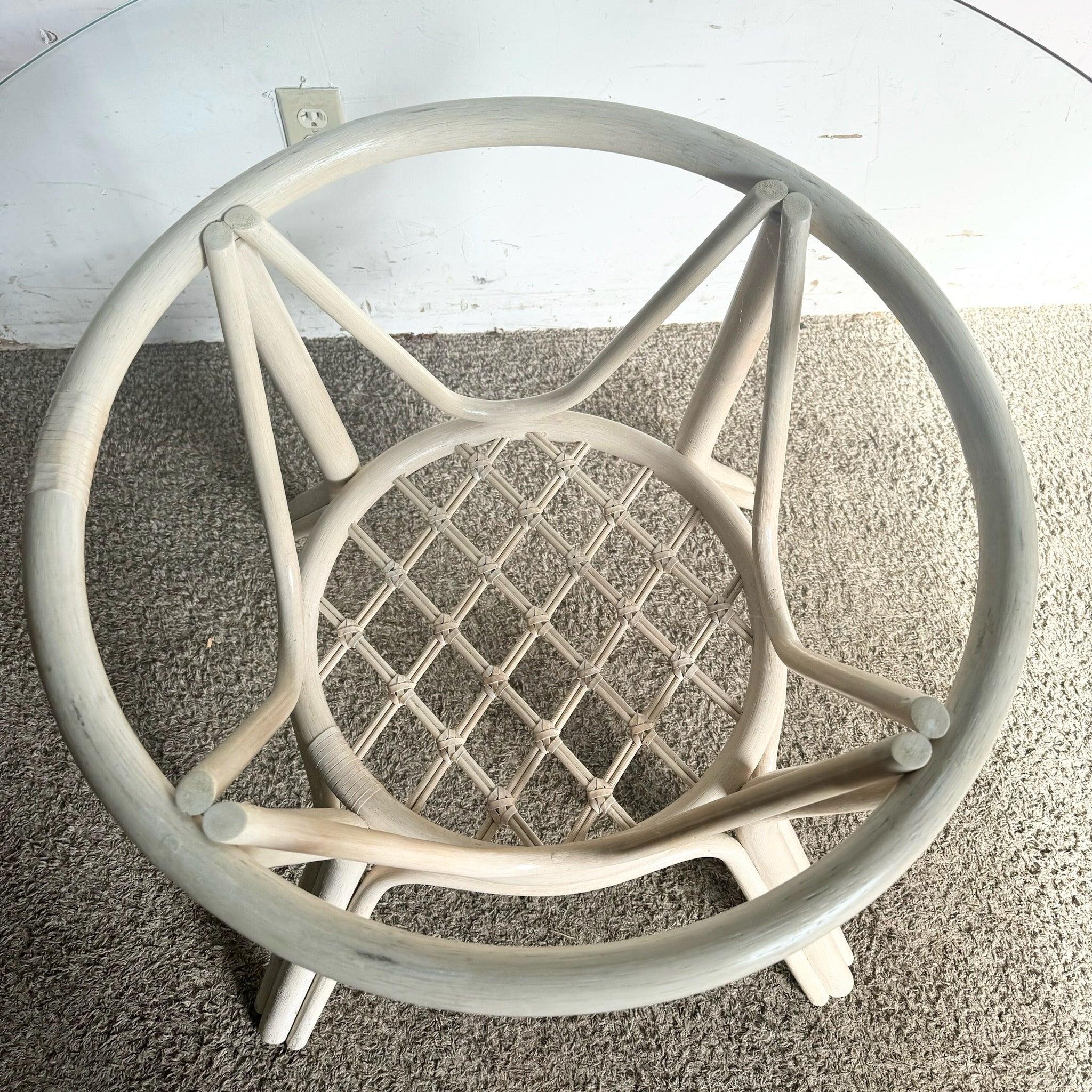 Boho Chic Beige Rattan Circular Glass Top Dining Table For Sale 1