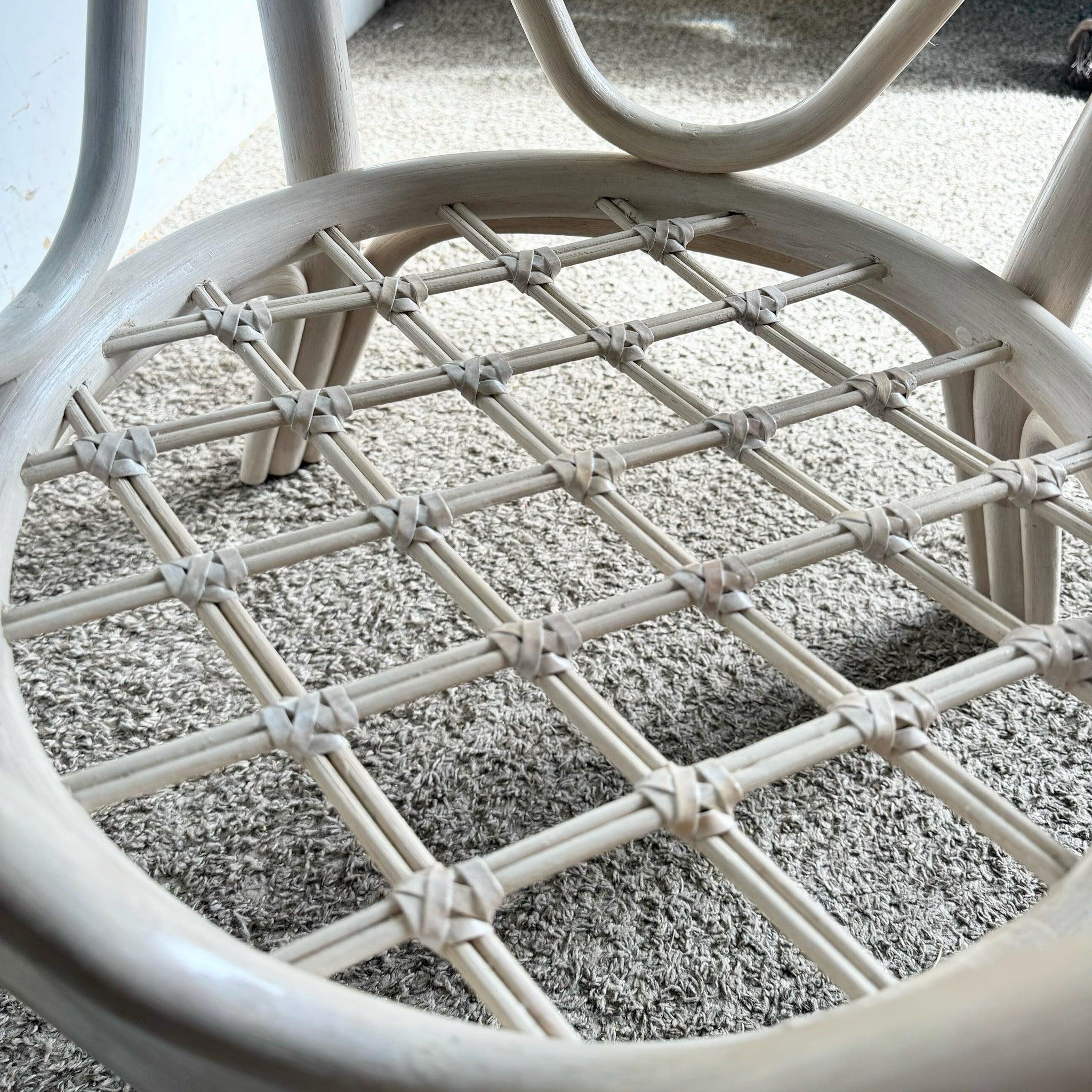 Boho Chic Beige Rattan Circular Glass Top Dining Table For Sale 2
