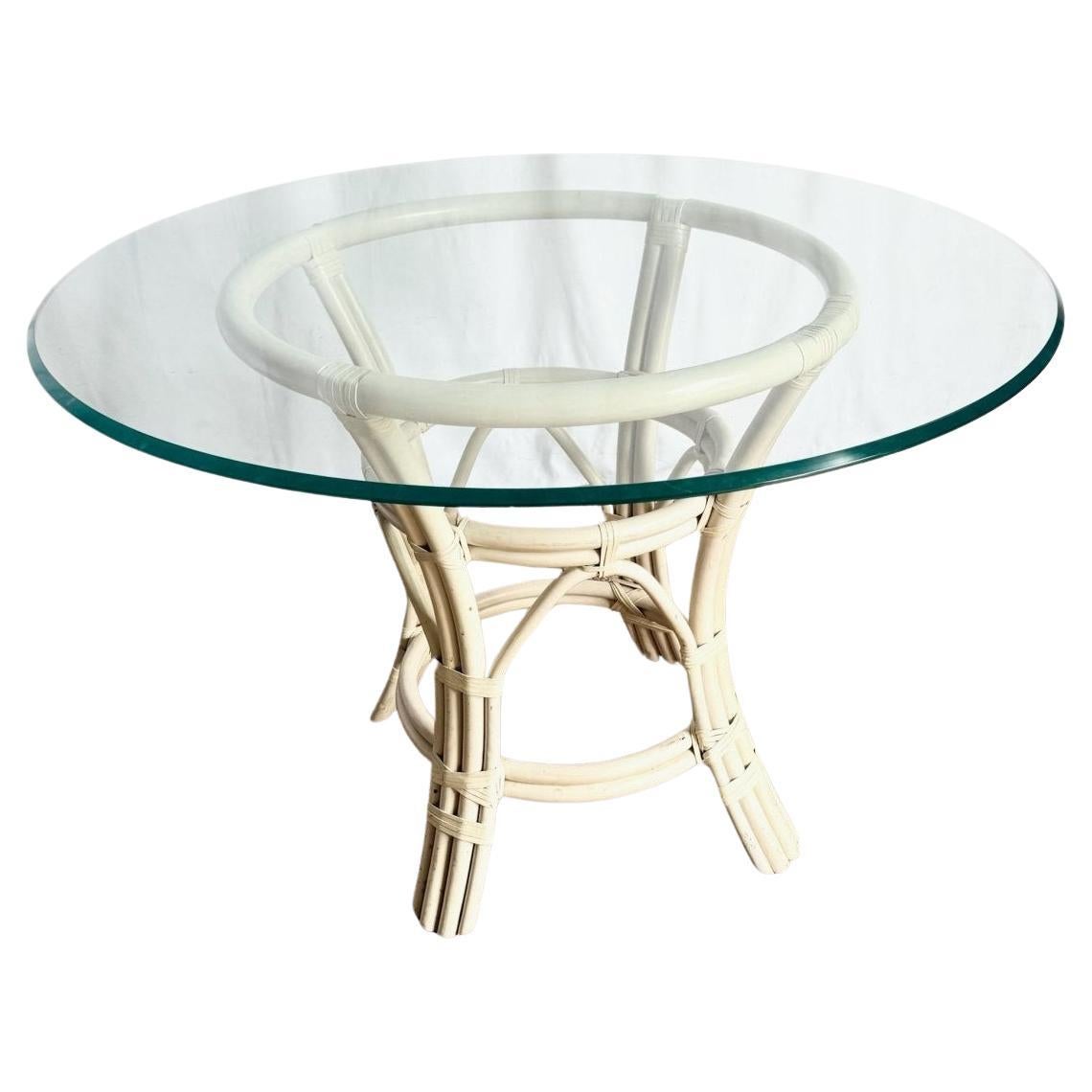 Boho Chic Beige Rattan Circular Glass Top Dining Table