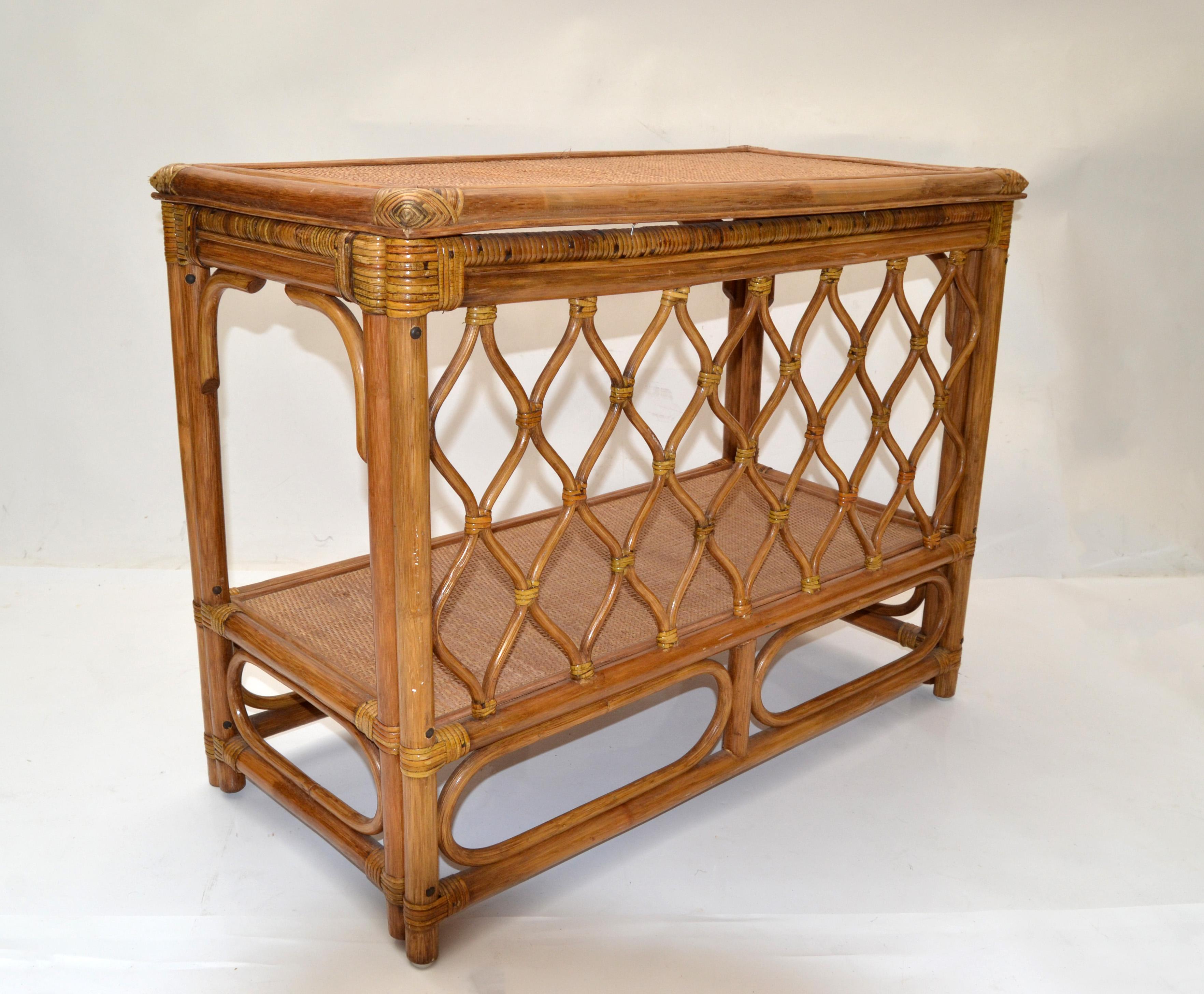 Boho Chic Bent Bamboo & Cane handwoven Top Dry Bar Console Table Wine Rack 70   In Good Condition For Sale In Miami, FL
