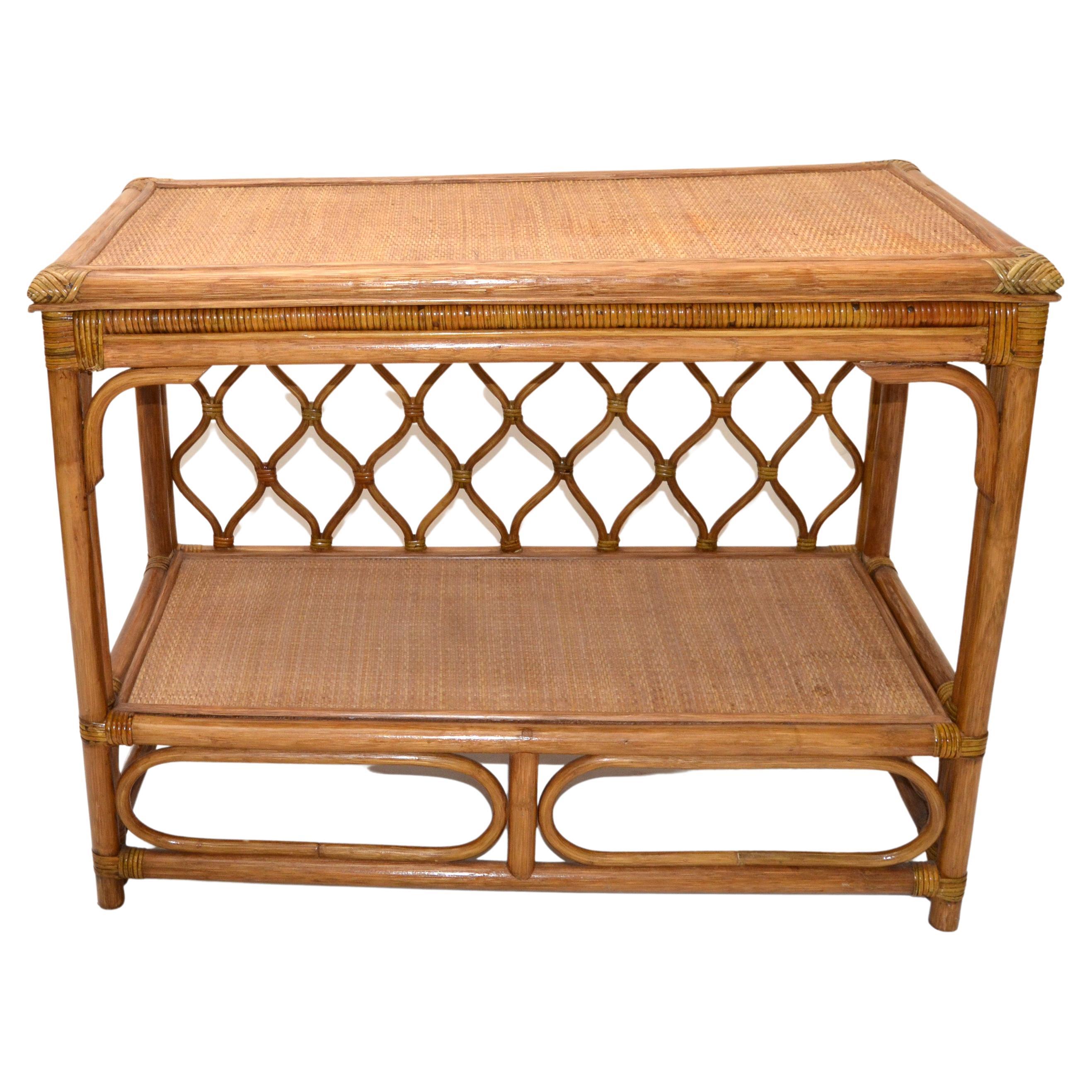 Boho Chic Bent Bamboo & Cane handwoven Top Dry Bar Console Table Wine Rack 70   For Sale