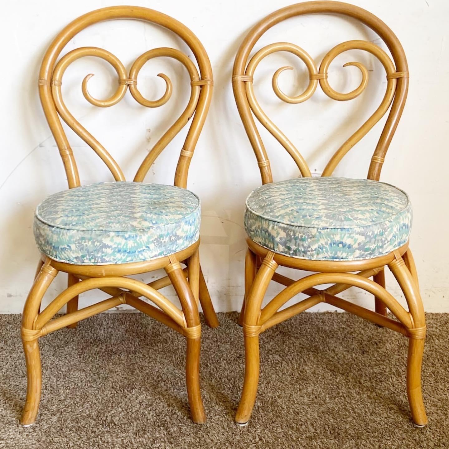 Bohemian Boho Chic Bent Bamboo Rattan Heart Back Dining Chairs - Set of 4 For Sale