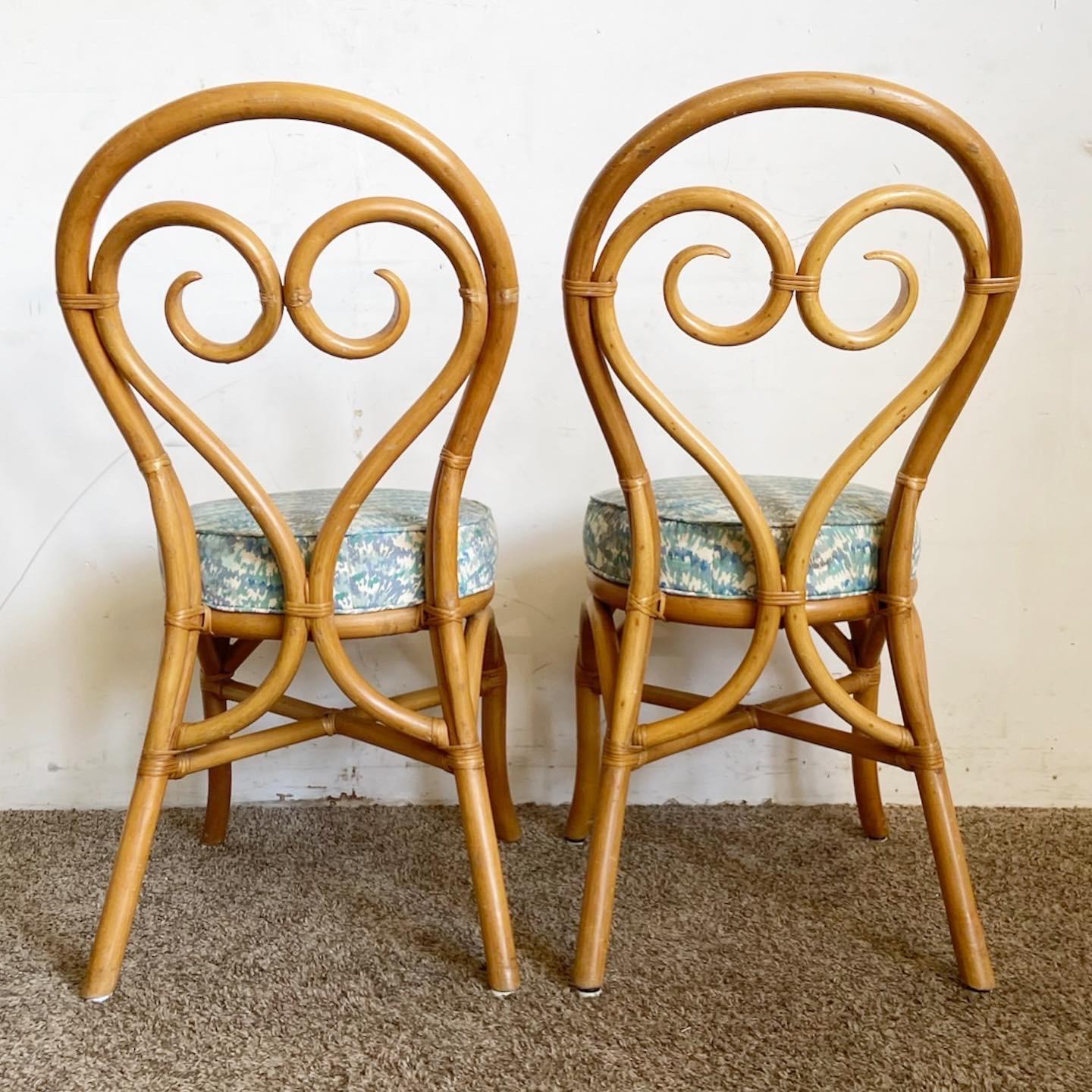20th Century Boho Chic Bent Bamboo Rattan Heart Back Dining Chairs - Set of 4 For Sale