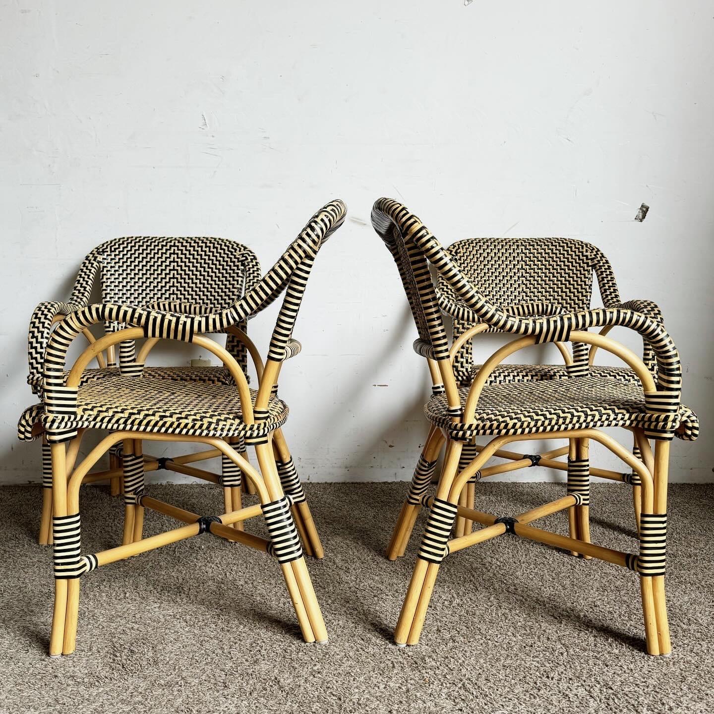 Unknown Boho Chic Bent Wood and Woven Leather Dining Arm Chairs - Set of 4
