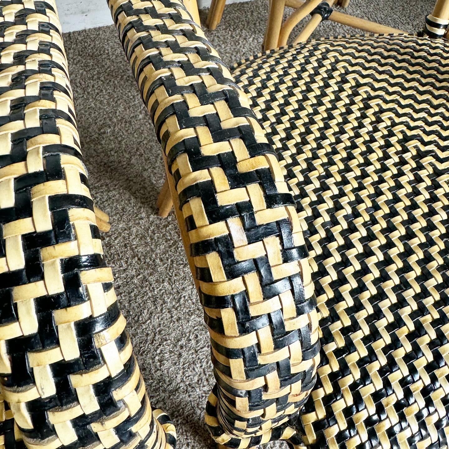 Boho Chic Bent Wood and Woven Leather Dining Arm Chairs - Set of 4 In Good Condition In Delray Beach, FL