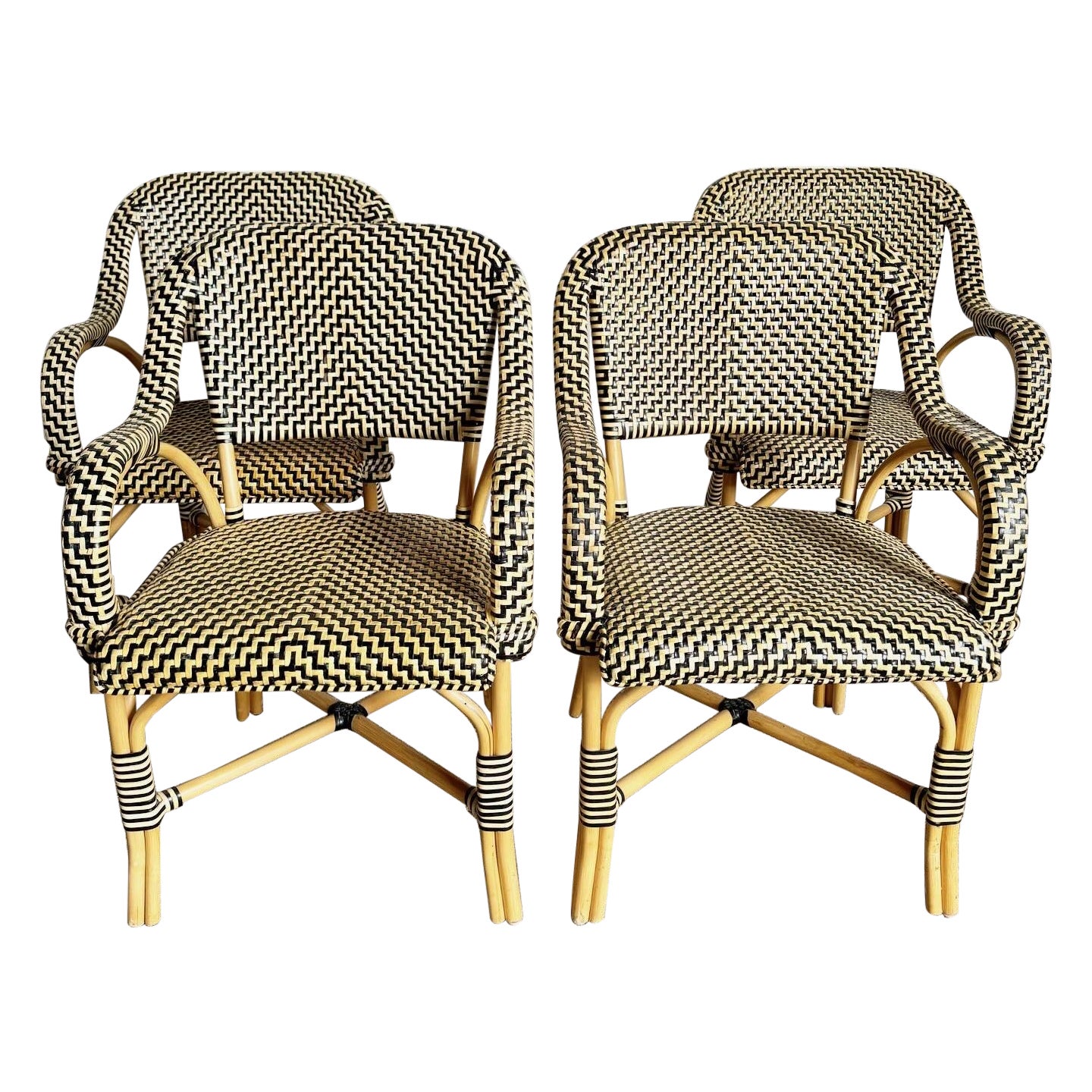 Boho Chic Bent Wood and Woven Leather Dining Arm Chairs - Set of 4