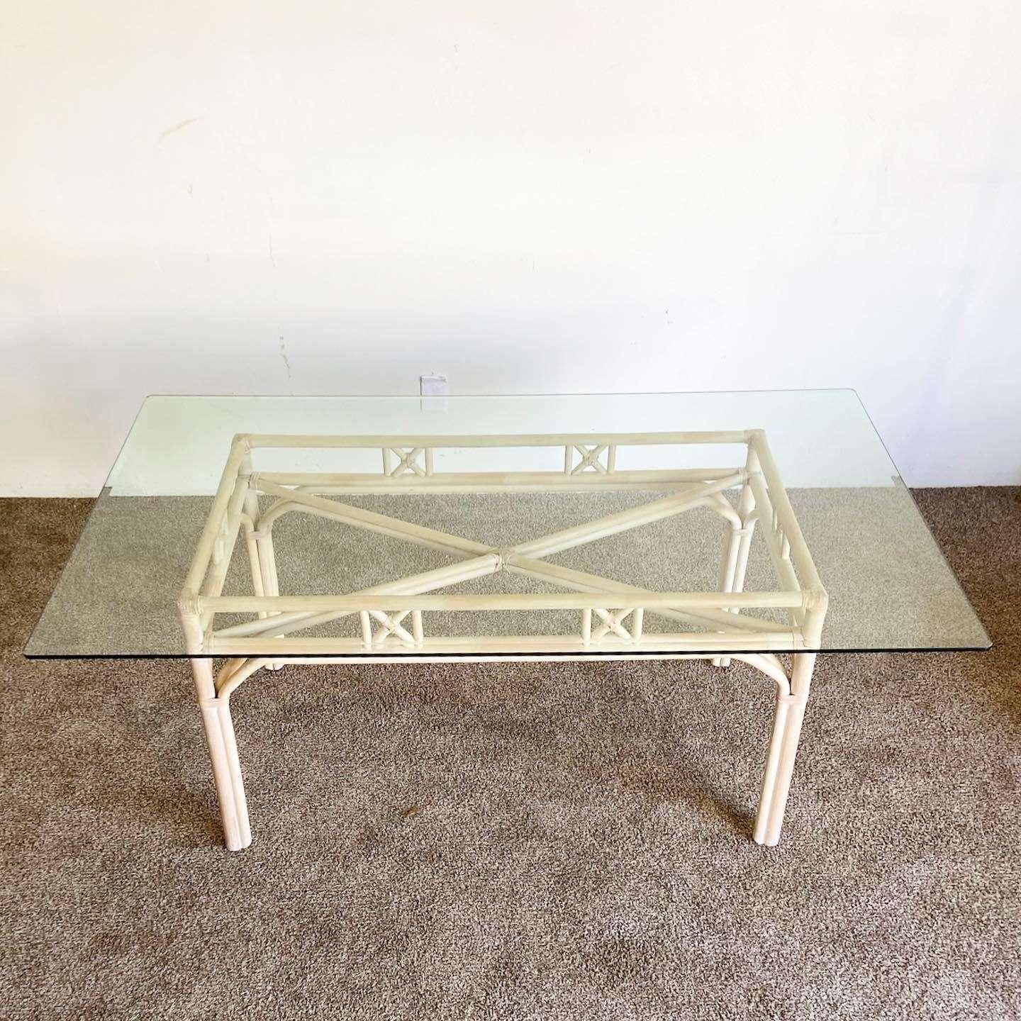 Boho Chic Beveled Glass Top Bamboo Rattan Rectangular Dining Table In Good Condition For Sale In Delray Beach, FL
