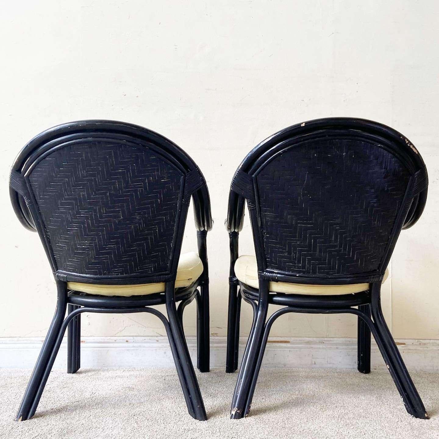 Philippine Boho Chic Black Pencil Reed Arm Chairs - a Pair For Sale
