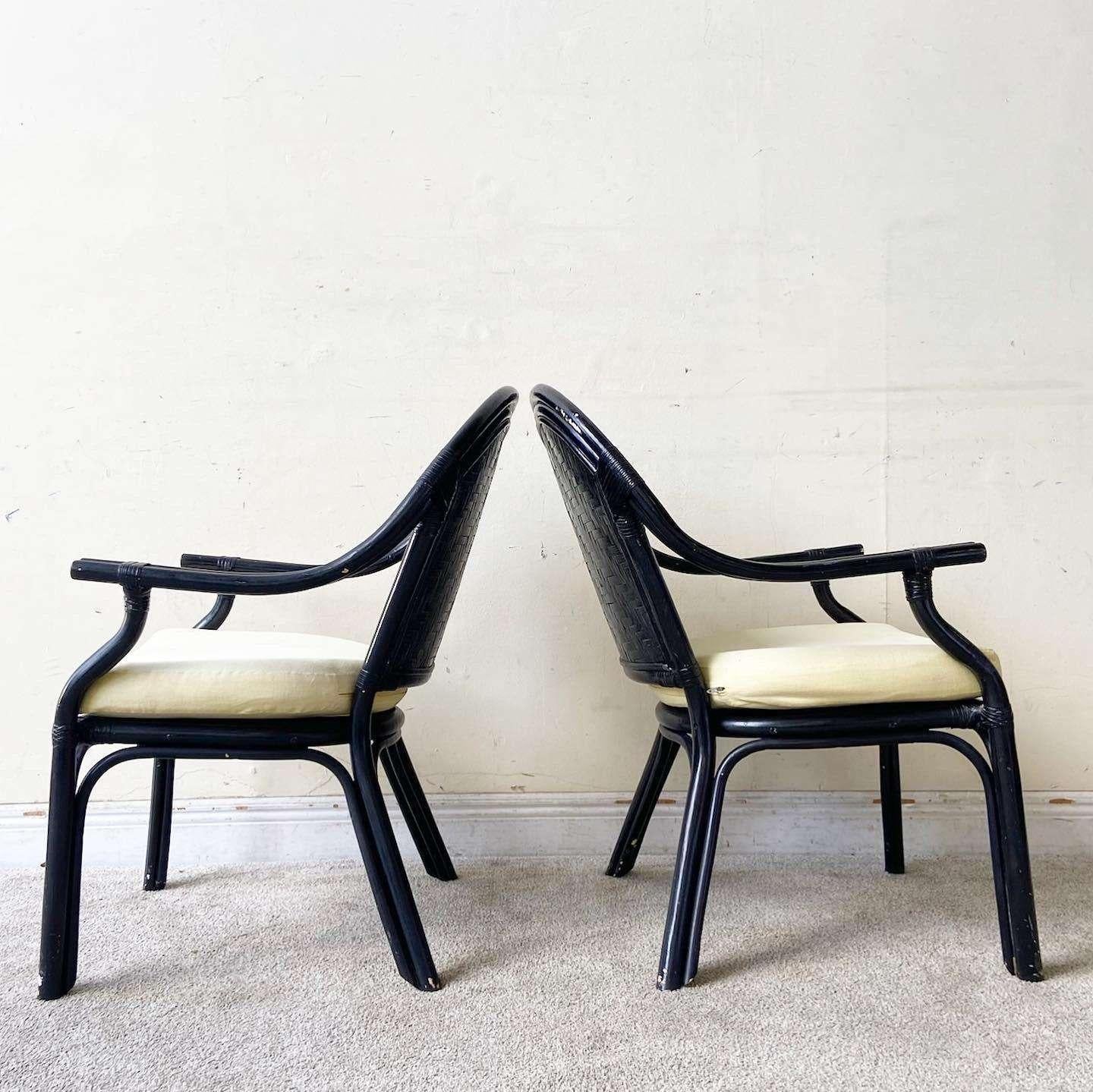 Boho Chic Black Pencil Reed Arm Chairs - a Pair In Good Condition In Delray Beach, FL