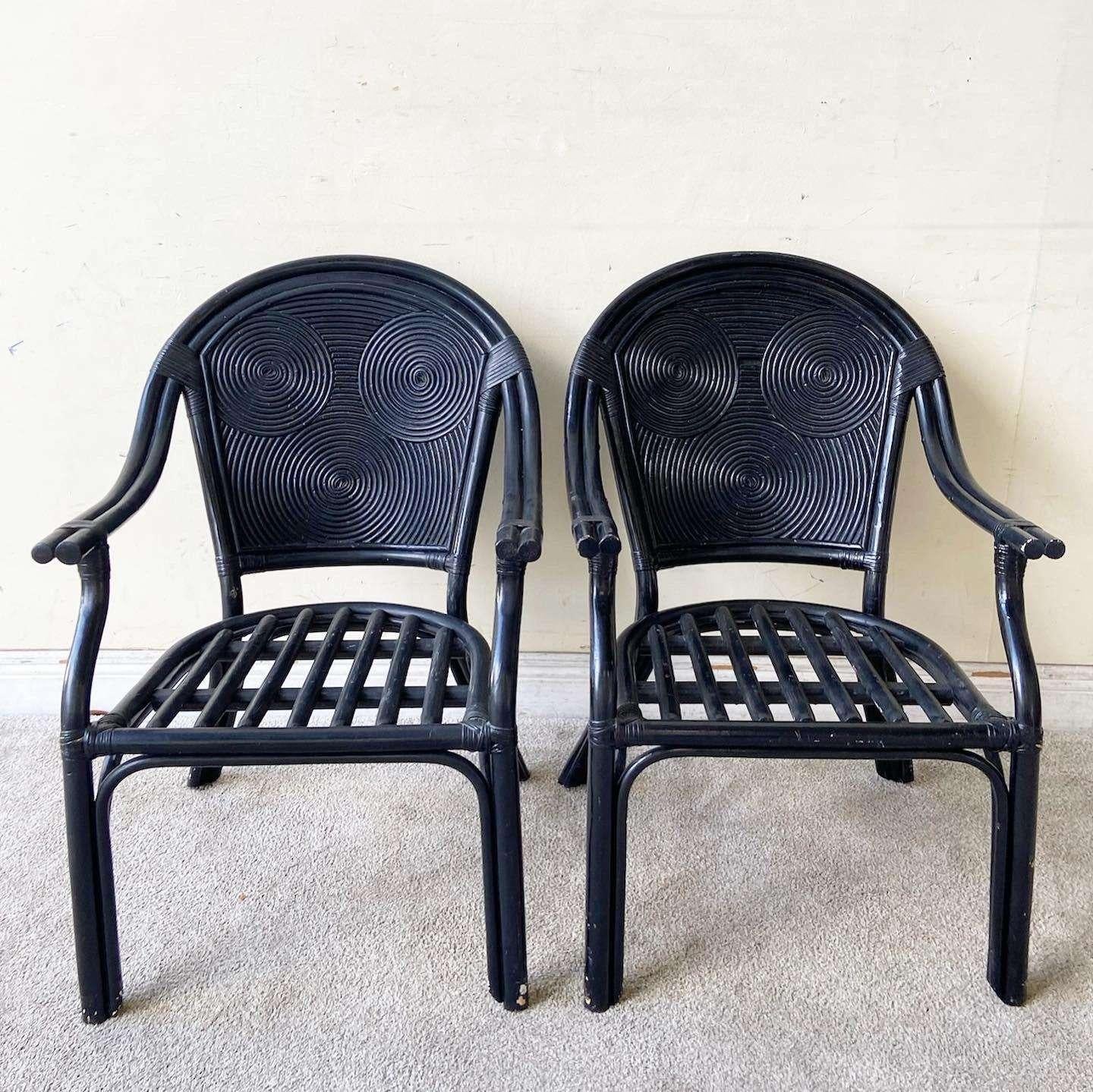 Late 20th Century Boho Chic Black Pencil Reed Arm Chairs - a Pair For Sale