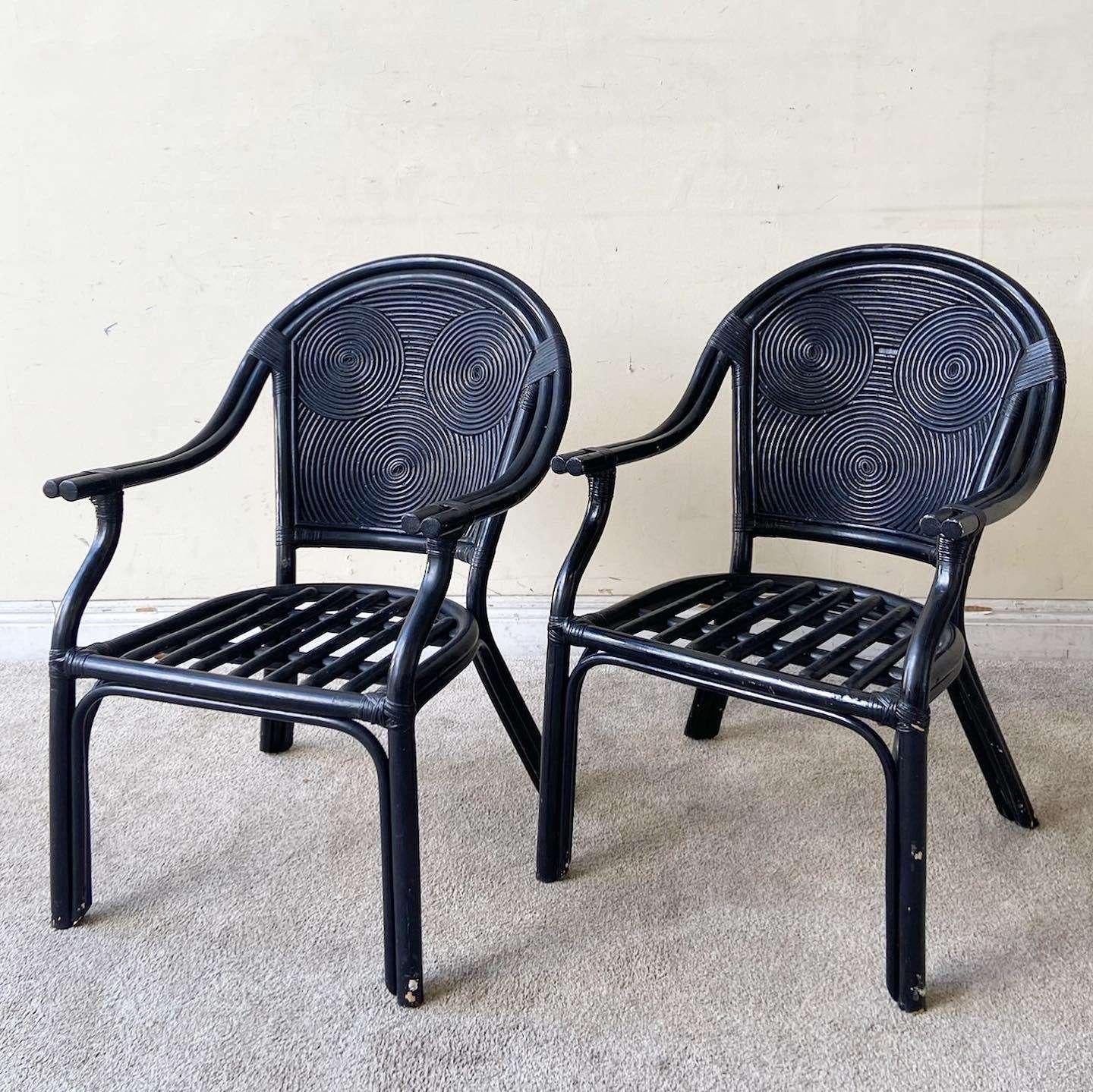 Bamboo Boho Chic Black Pencil Reed Arm Chairs - a Pair For Sale