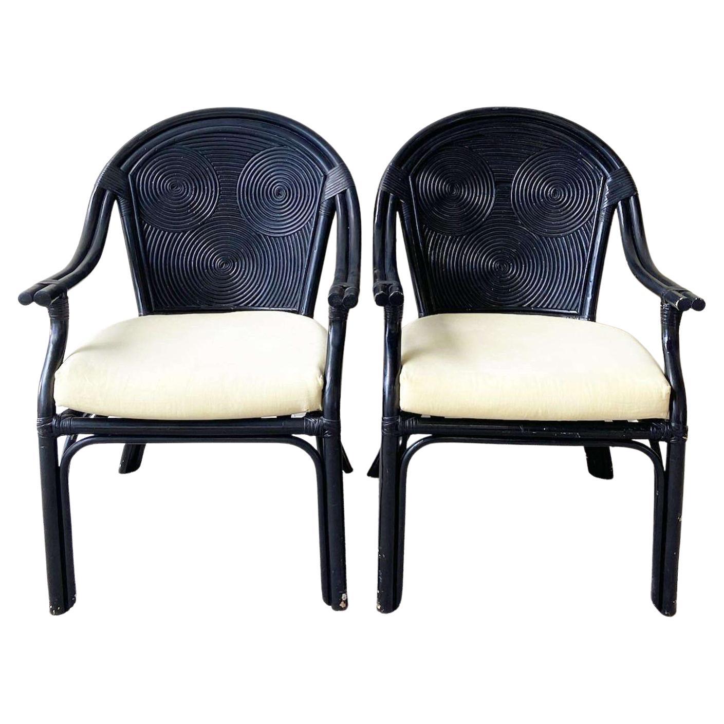 Boho Chic Black Pencil Reed Arm Chairs - a Pair For Sale