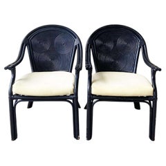 Boho Chic Black Pencil Reed Arm Chairs - a Pair
