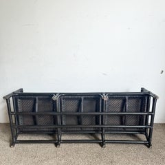 Boho Chic Black Wicker Rattan Sofa With Tan Red and Black Cushions