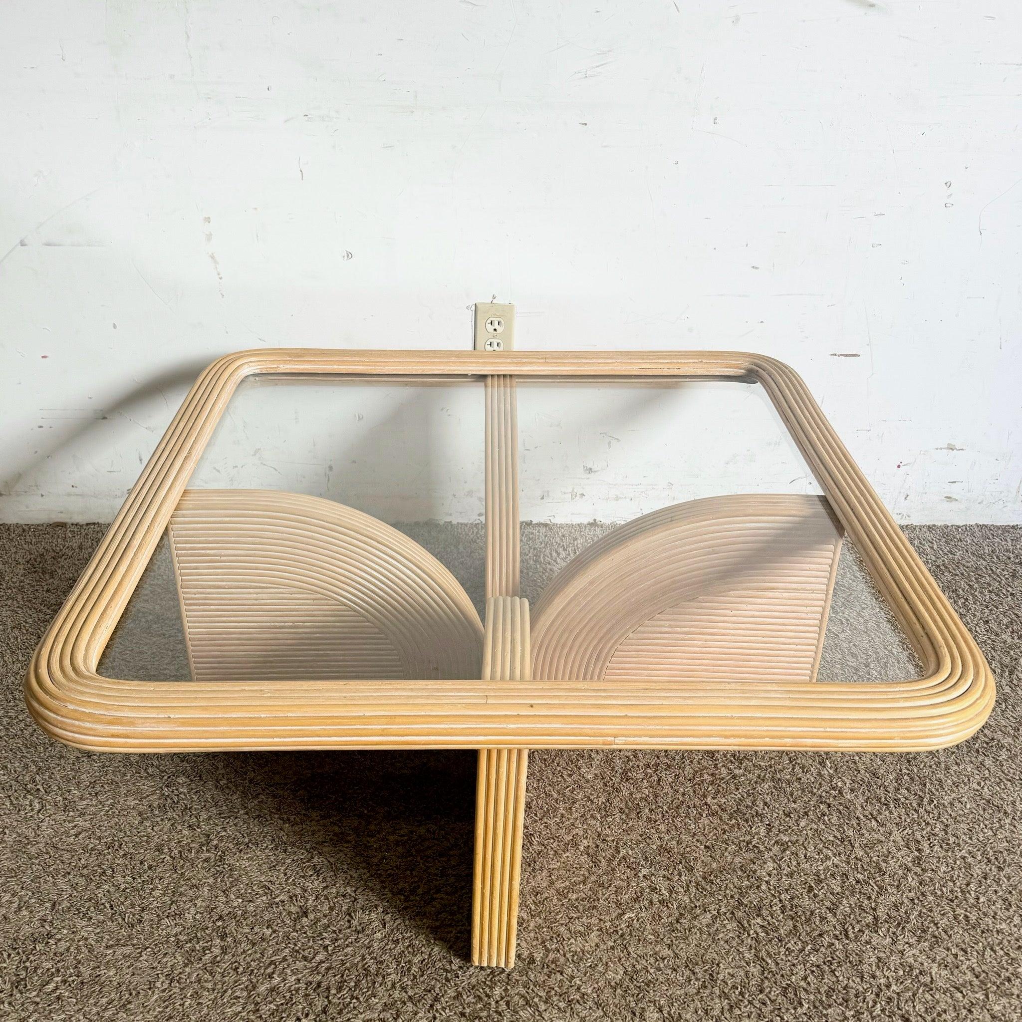Verre Table basse crayon blond style Boho Chic avec plateau en verre de roseau en vente