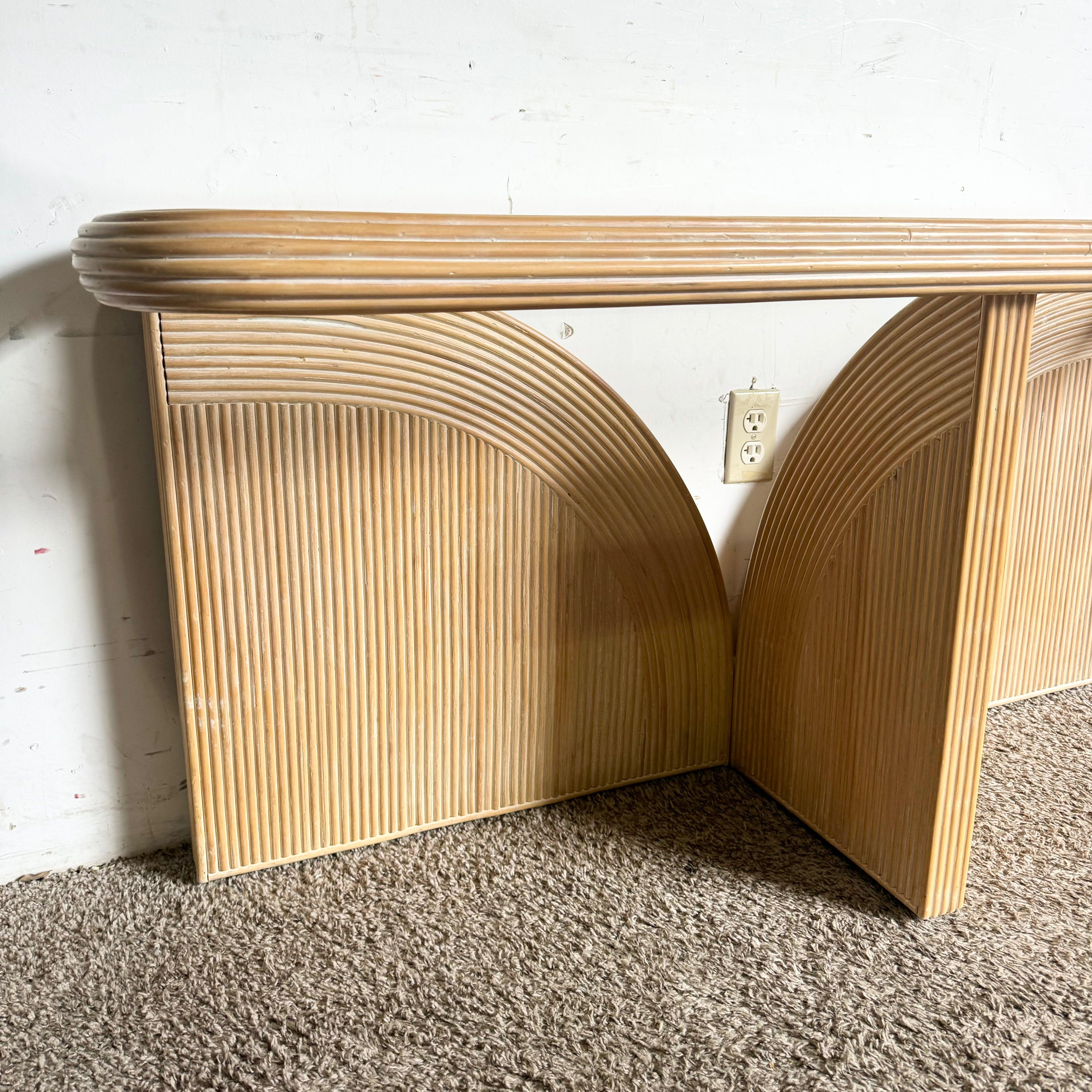 Boho Chic Blonde Pencil Reed Glass Top Console Table In Good Condition For Sale In Delray Beach, FL