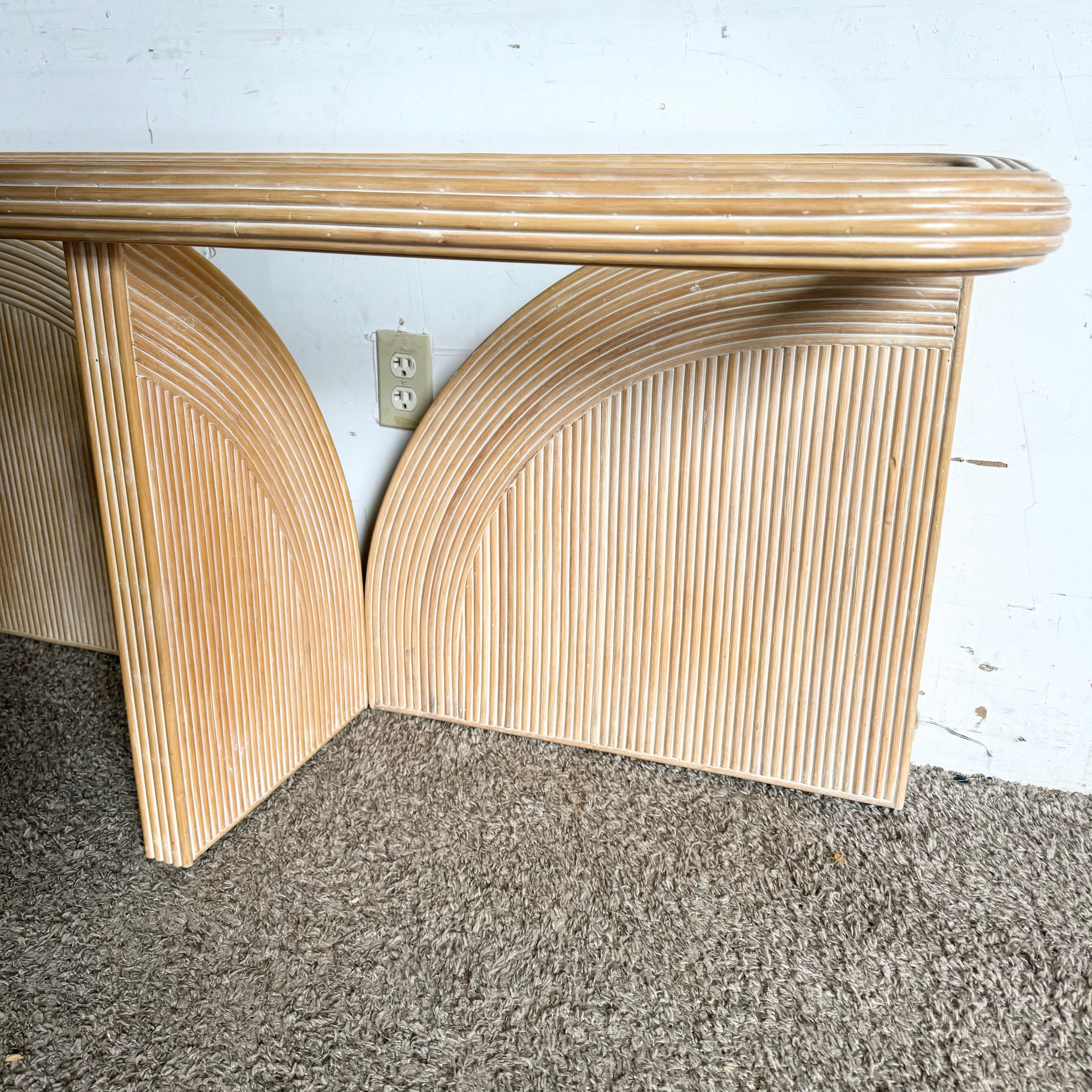 Late 20th Century Boho Chic Blonde Pencil Reed Glass Top Console Table For Sale