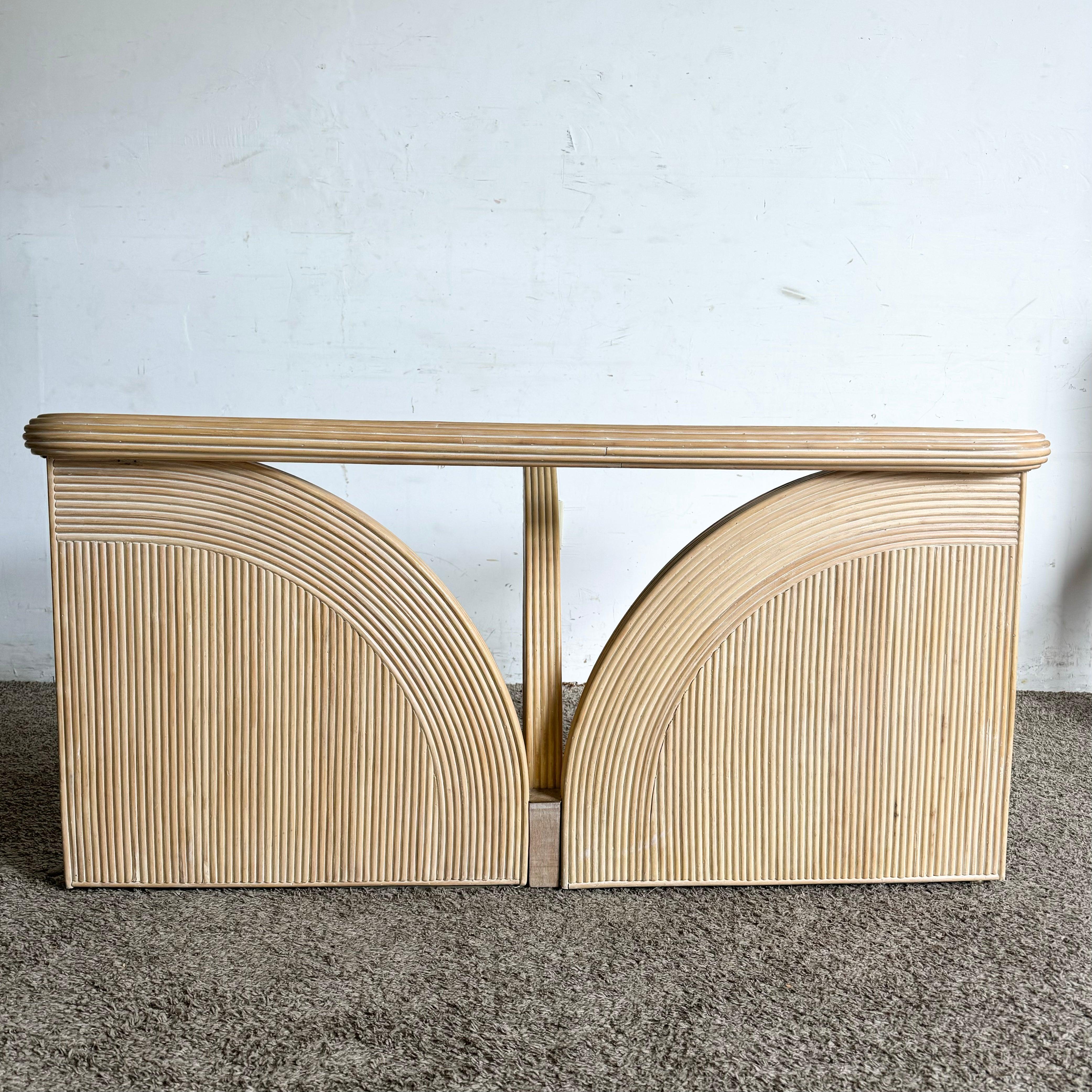 Boho Chic Blonde Pencil Reed Glass Top Console Table For Sale 1