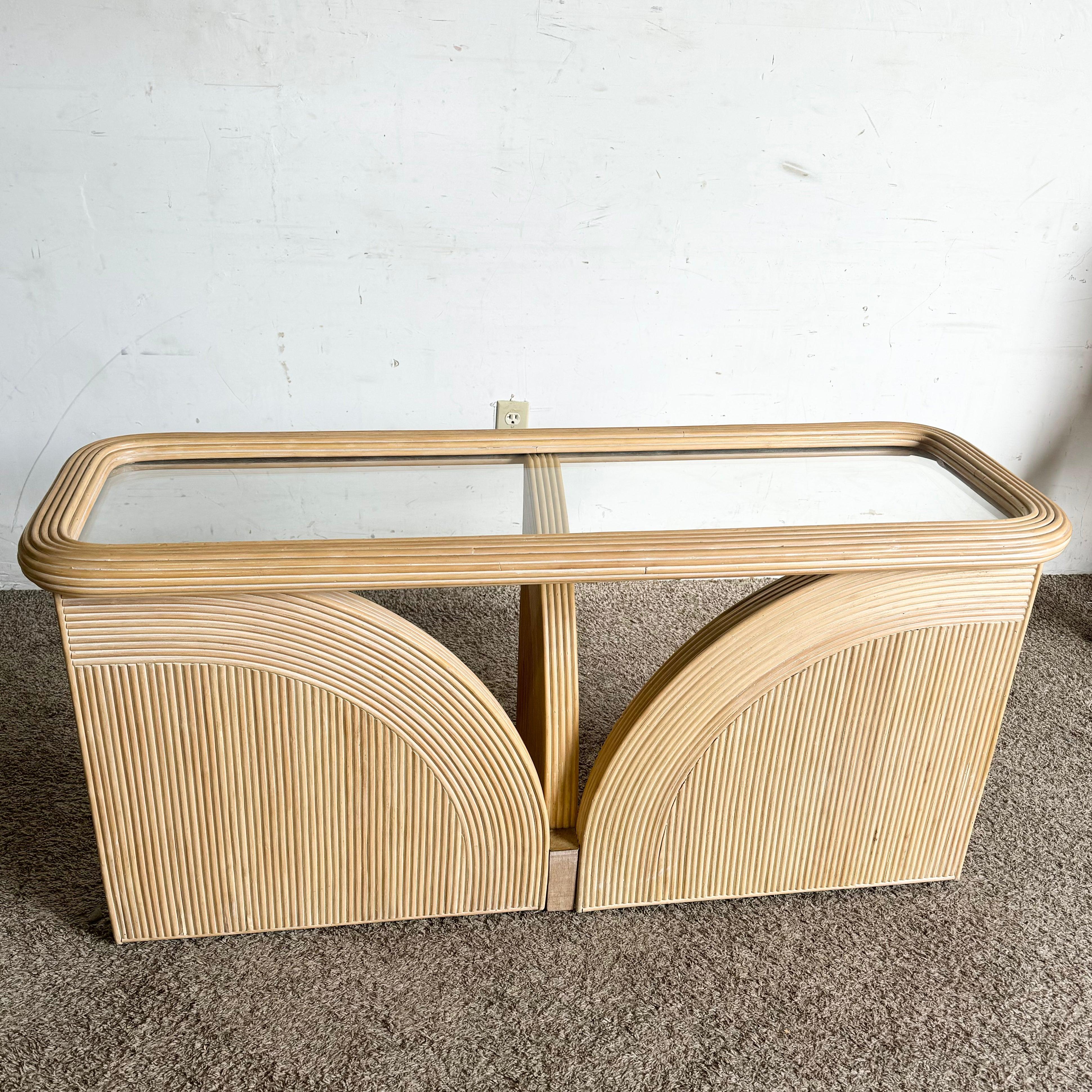 Boho Chic Blonde Pencil Reed Glass Top Console Table For Sale 2