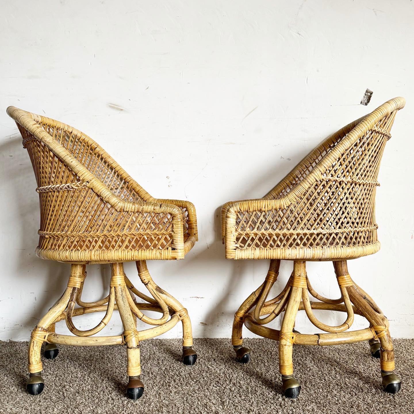Bohemian Boho Chic Buri Rattan Bamboo Swivel Barrel Dining Chairs on Casters - Set of 4 For Sale