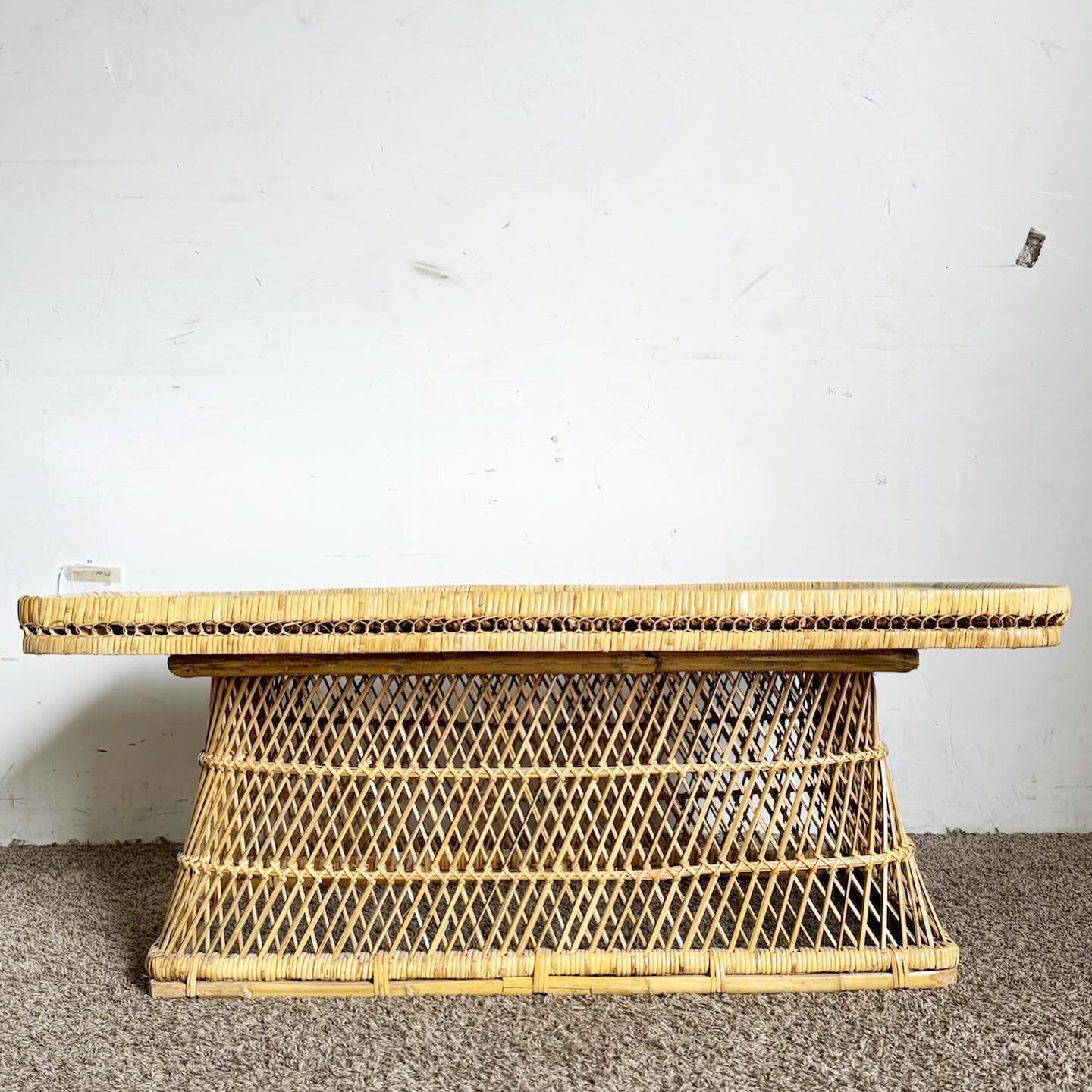 Boho Chic Buri Rattan Glass Top Rectangular Coffee Table In Good Condition For Sale In Delray Beach, FL