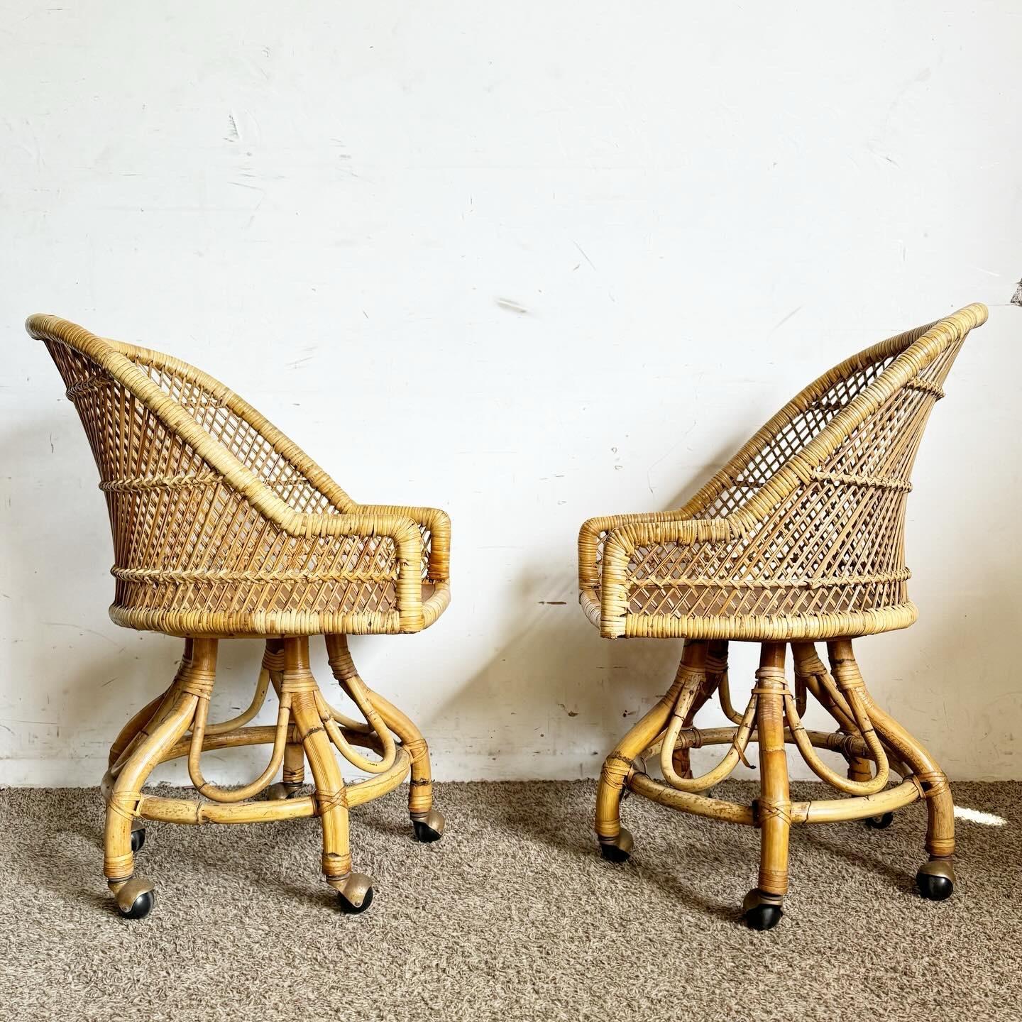 Bohemian Boho Chic Buri Rattan Swivel Dining Arm Chairs - Set of 4