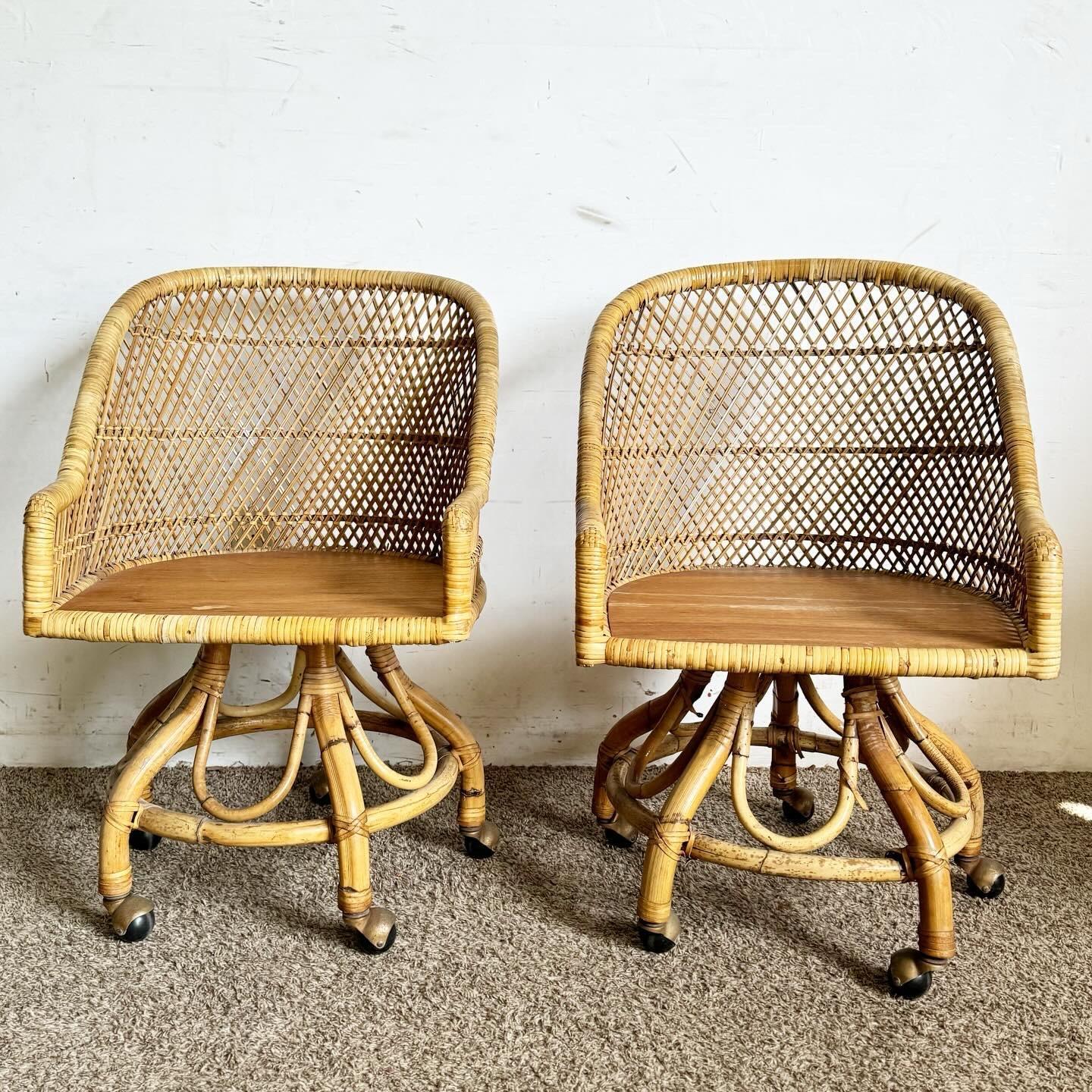 Unknown Boho Chic Buri Rattan Swivel Dining Arm Chairs - Set of 4