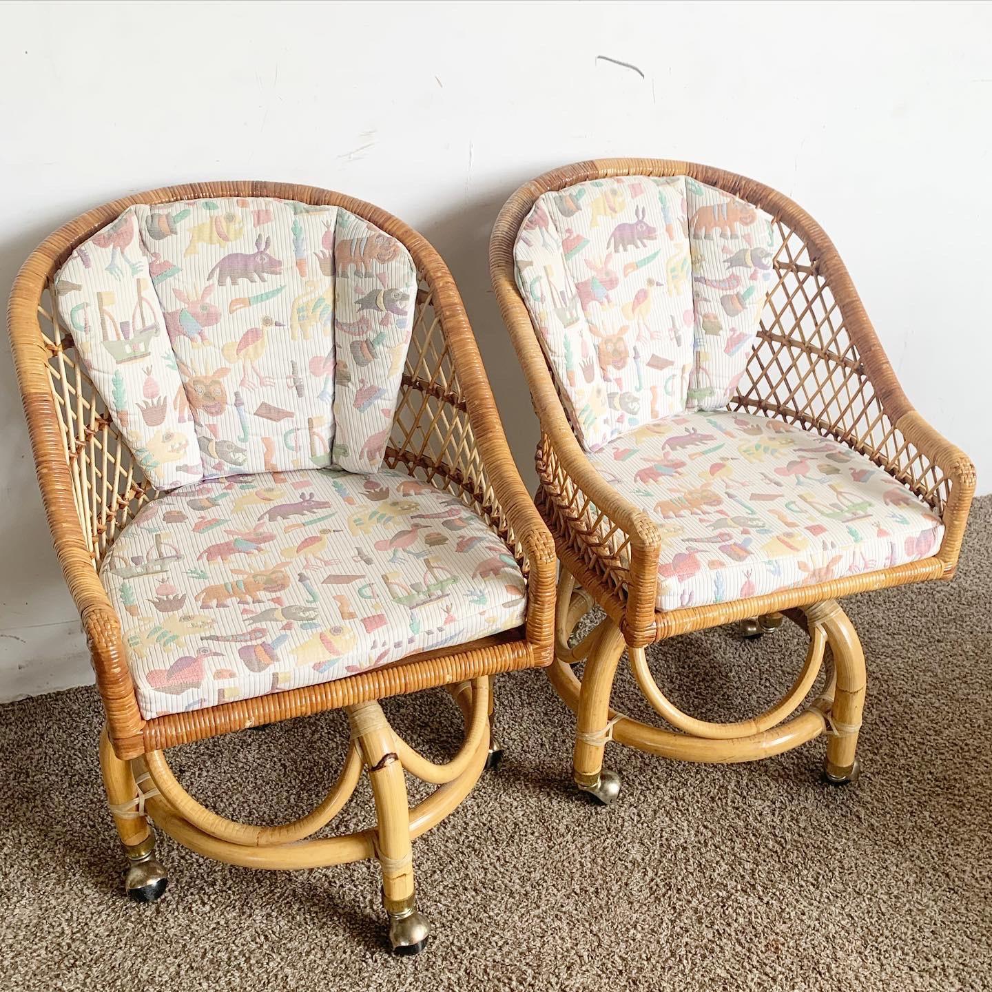 Add a playful yet sophisticated touch to your dining space with this pair of Boho Chic Buri Rattan Swivel Dining Arm Chairs. Crafted from buri rattan and adorned with multi-colored animal print upholstery, these chairs offer both style and