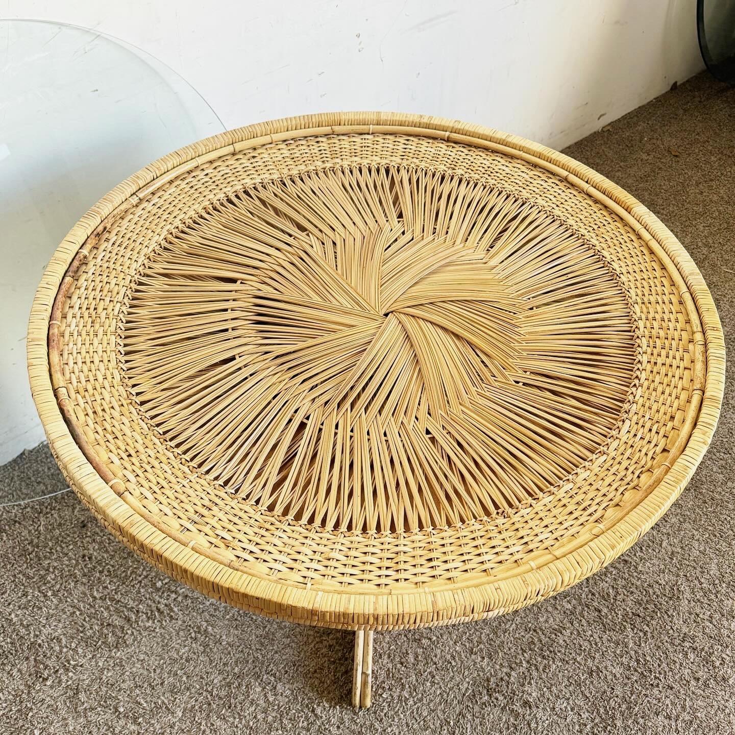Boho Chic Buri Rattan Top Bamboo Glass Top Dining Table For Sale 2